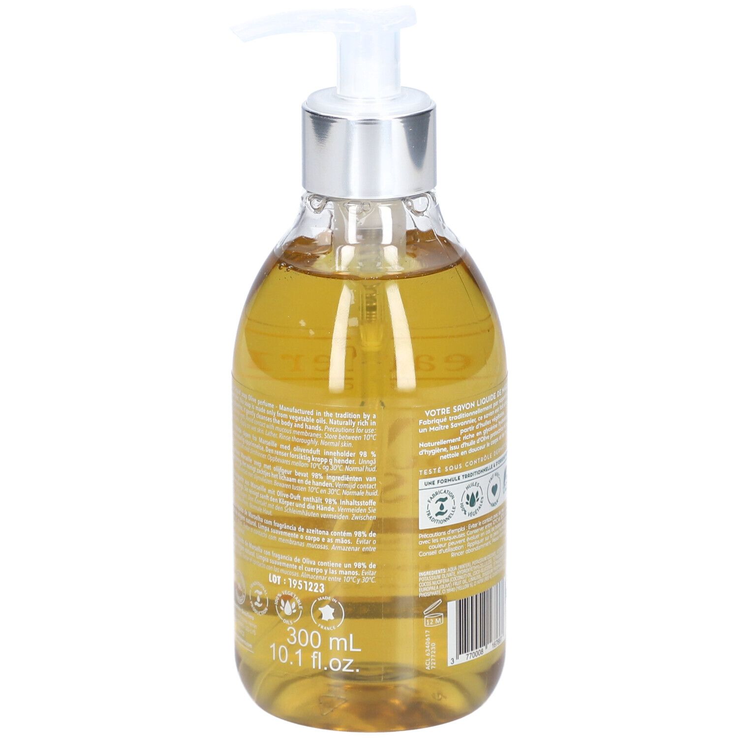 BeauTerra Flüssigseife aus Marseille - Olive, 300 ml, mit Siegeln und Barcode auf der Rückseite.