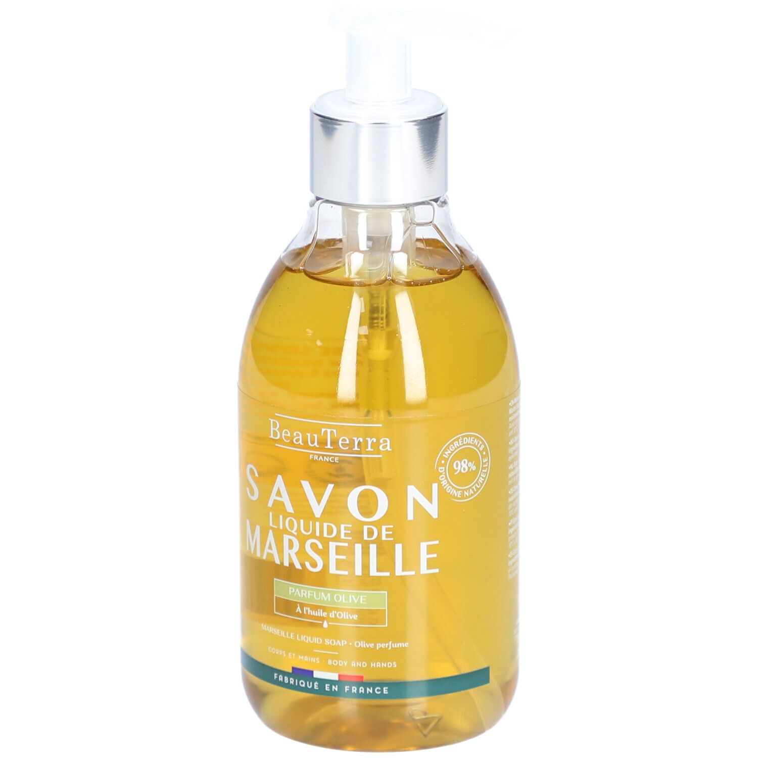 BeauTerra Flüssigseife aus Marseille - Olive in einer durchsichtigen Flasche mit Pumpspender.