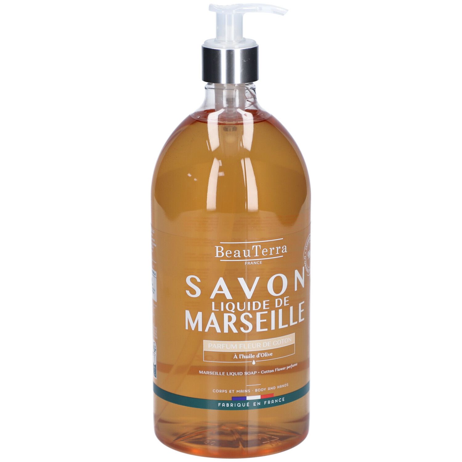 Transparente Flasche mit Flüssigseife. Aufschrift: Savon Liquide de Marseille. Mit Spender.
