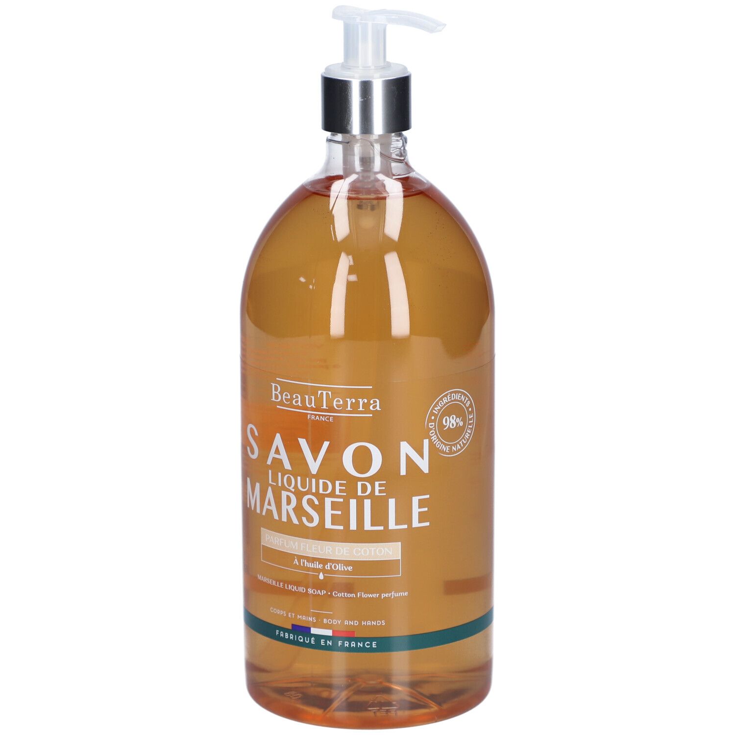Transparente Flasche mit Flüssigseife. Aufschrift: Savon Liquide de Marseille. Mit Spender.