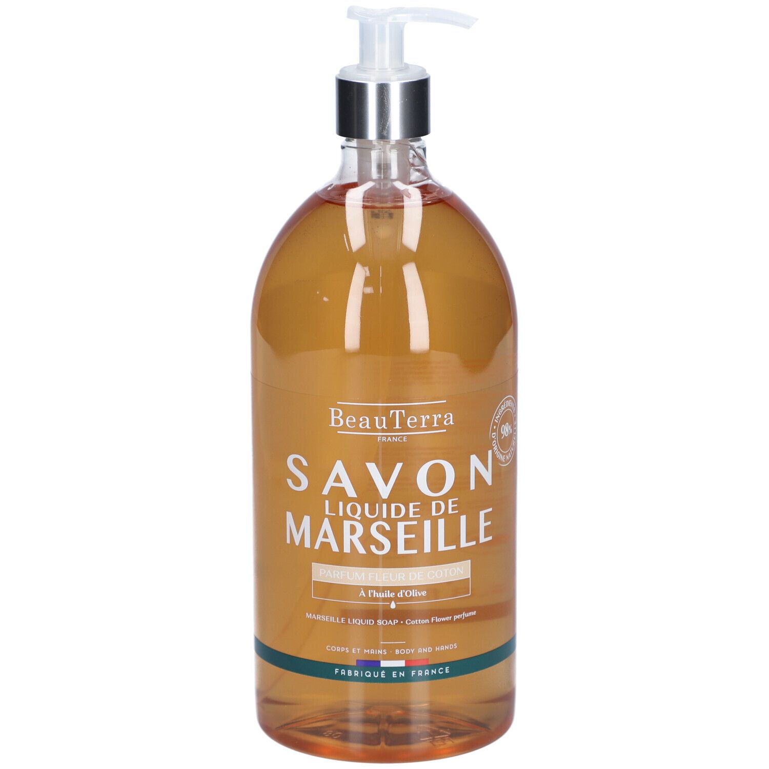 Transparente Flasche mit Flüssigseife. Aufschrift: Savon Liquide de Marseille. Mit Spender.