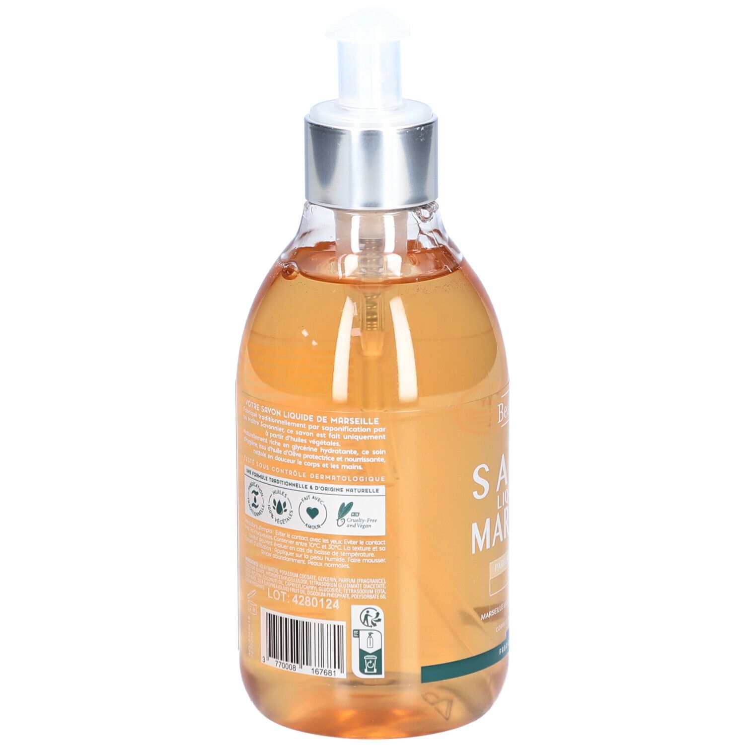 Rückseite der BeauTerra Flüssigseife aus Marseille, Fleur de Coton. Flasche mit Etikett und Siegeln.