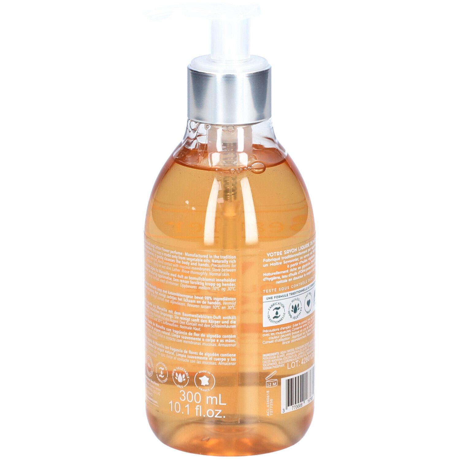 BeauTerra Flüssigseife aus Marseille, Fleur de Coton. 300 ml. Flasche mit Etikett, Siegeln und Barcode.
