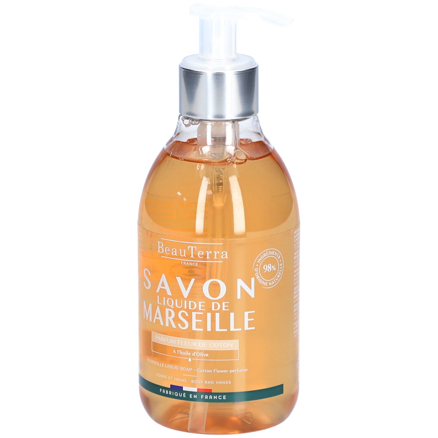 BeauTerra Flüssigseife aus Marseille, Fleur de Coton. Transparente Flasche mit Pumpspender. Goldfarbene Flüssigkeit.