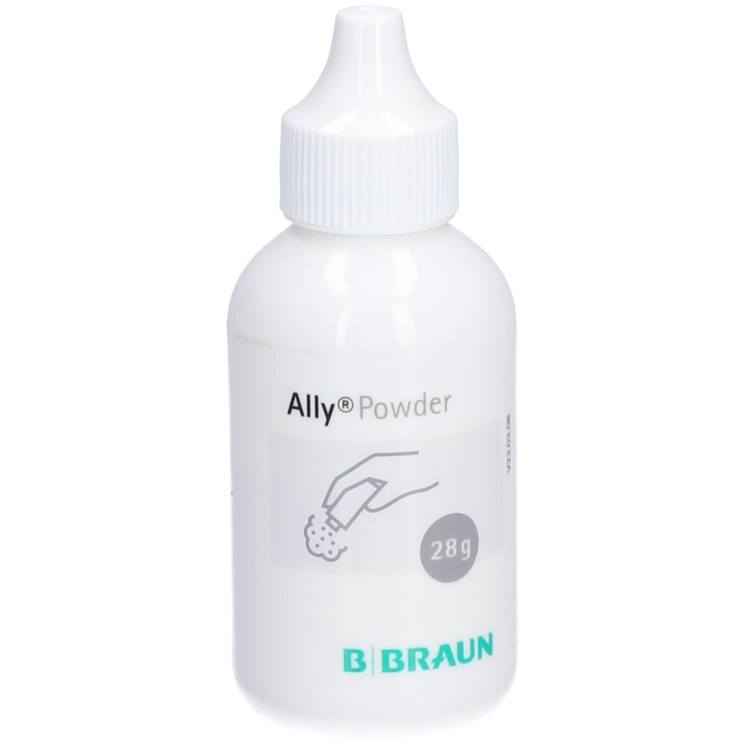 Flacon blanc avec bouchon à vis. Inscription Ally® Powder, 28g et logo B. Braun. Illustration d'une main saupoudrant.