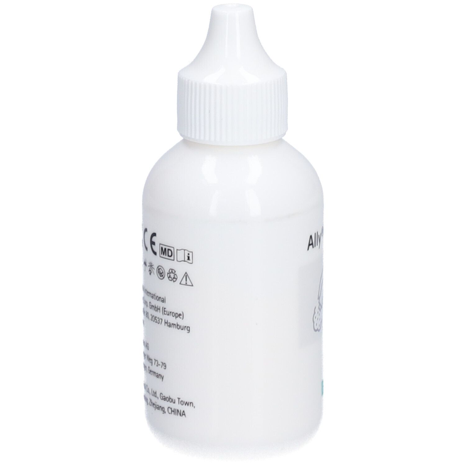 Flacon blanc avec bouchon à vis. Inscription Ally® Powder, 28g et logo B. Braun. Illustration d'une main saupoudrant.