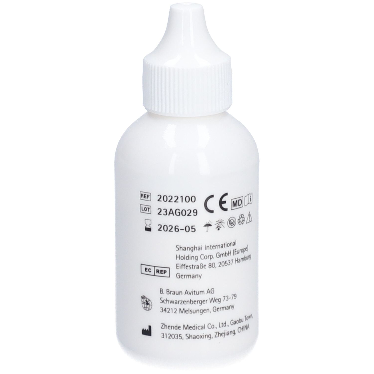 Flacon blanc avec bouchon à vis. Inscription Ally® Powder, 28g et logo B. Braun. Illustration d'une main saupoudrant.