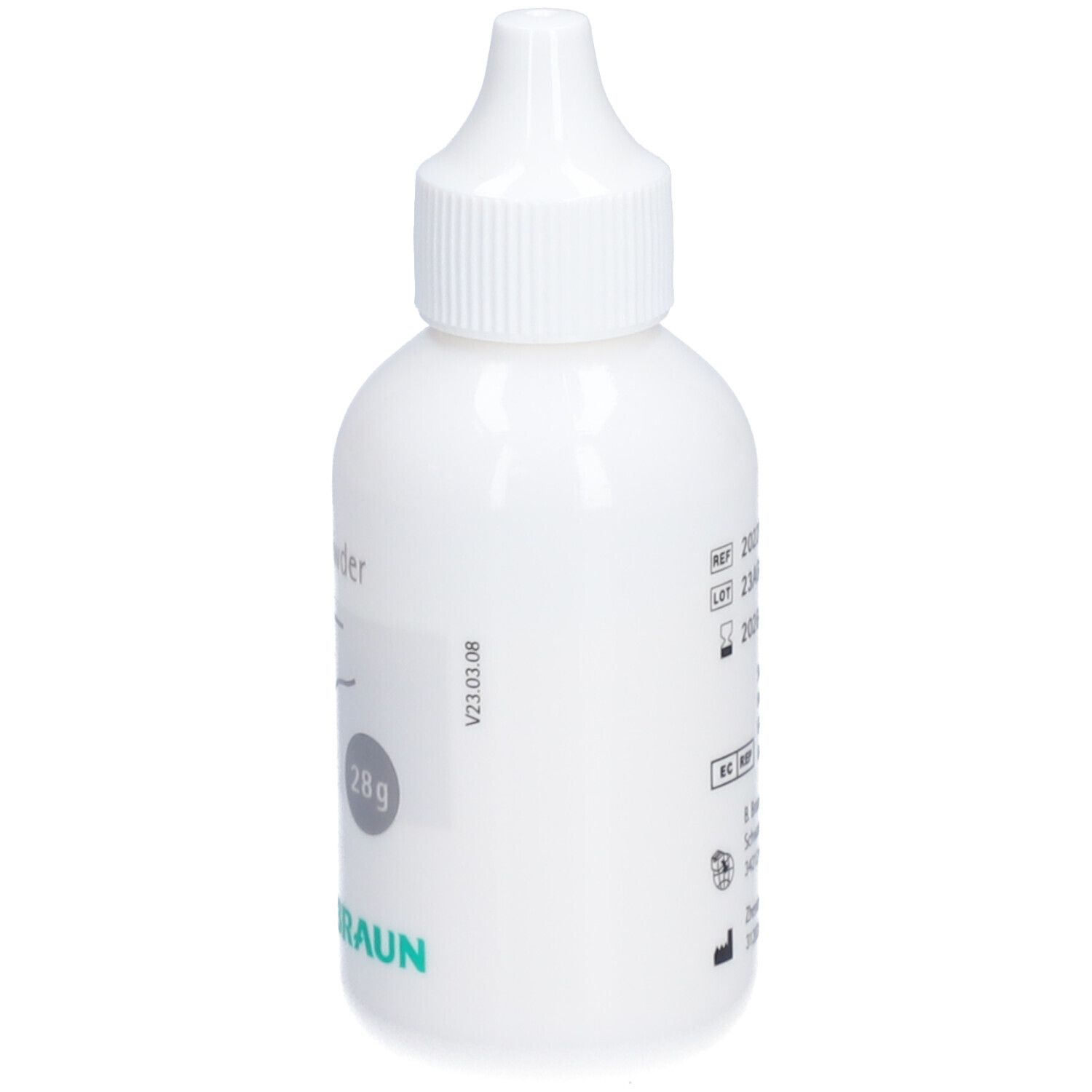 Flacon blanc avec bouchon à vis. Inscription Ally® Powder, 28g et logo B. Braun. Illustration d'une main saupoudrant.