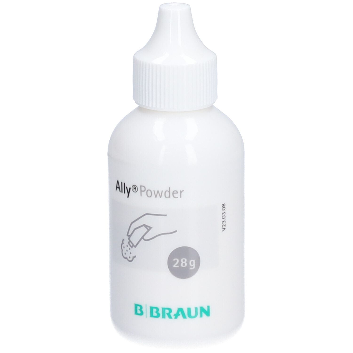 Flacon blanc avec bouchon à vis. Inscription Ally® Powder, 28g et logo B. Braun. Illustration d'une main saupoudrant.