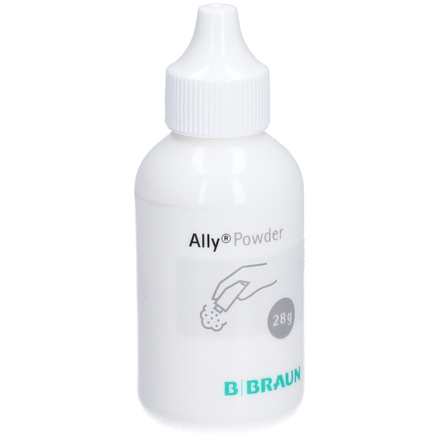 Flacon blanc avec bouchon à vis. Inscription Ally® Powder, 28g et logo B. Braun. Illustration d'une main saupoudrant.