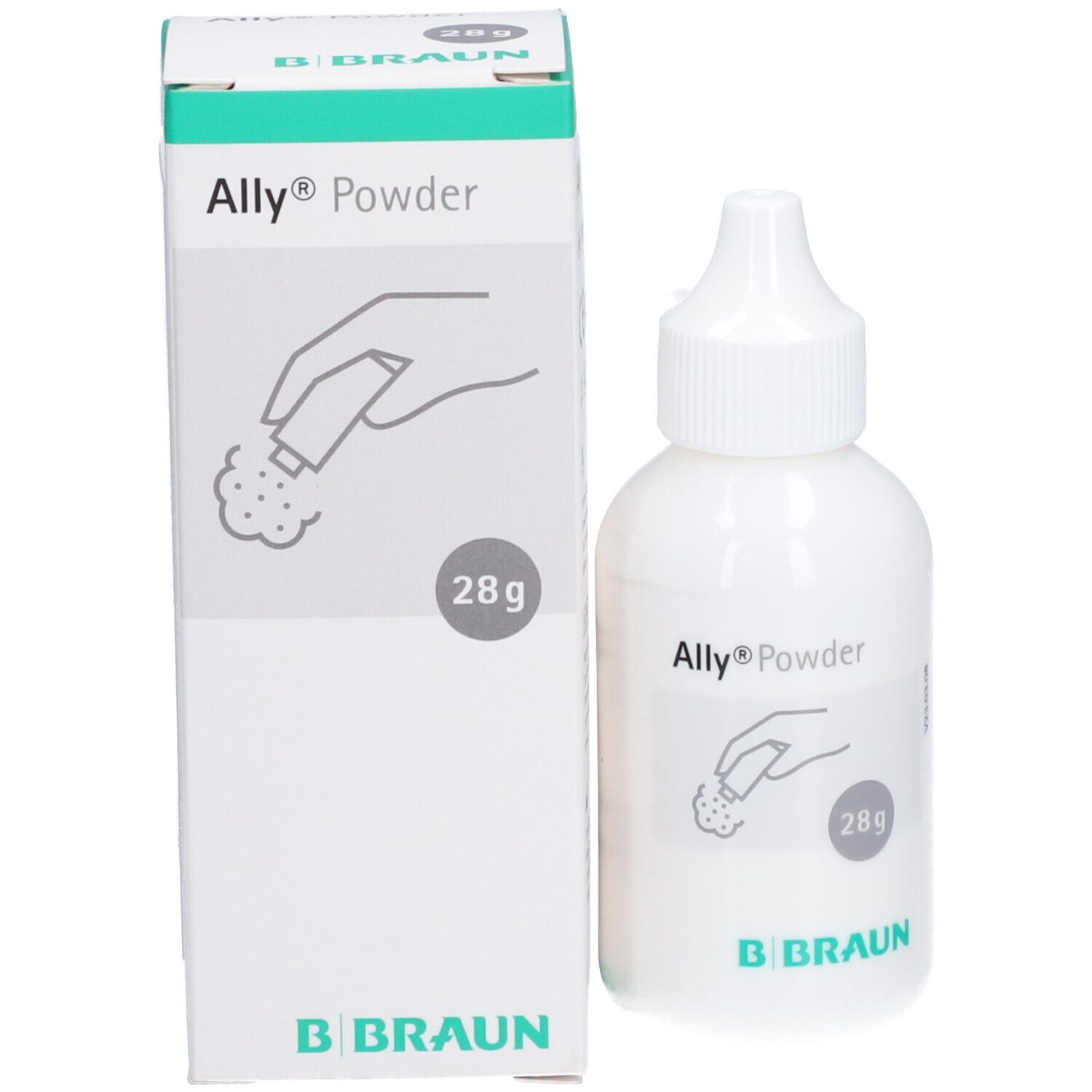 Flacon et boîte blancs. Inscription Ally® Powder, 28g et logo B. Braun. Illustration d'une main saupoudrant. Accents verts.