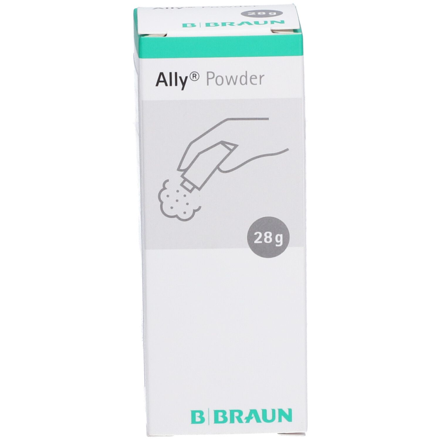 Boîte blanche avec accents verts. Inscription Ally® Powder, 28g et logo B. Braun. Illustration d'une main saupoudrant.