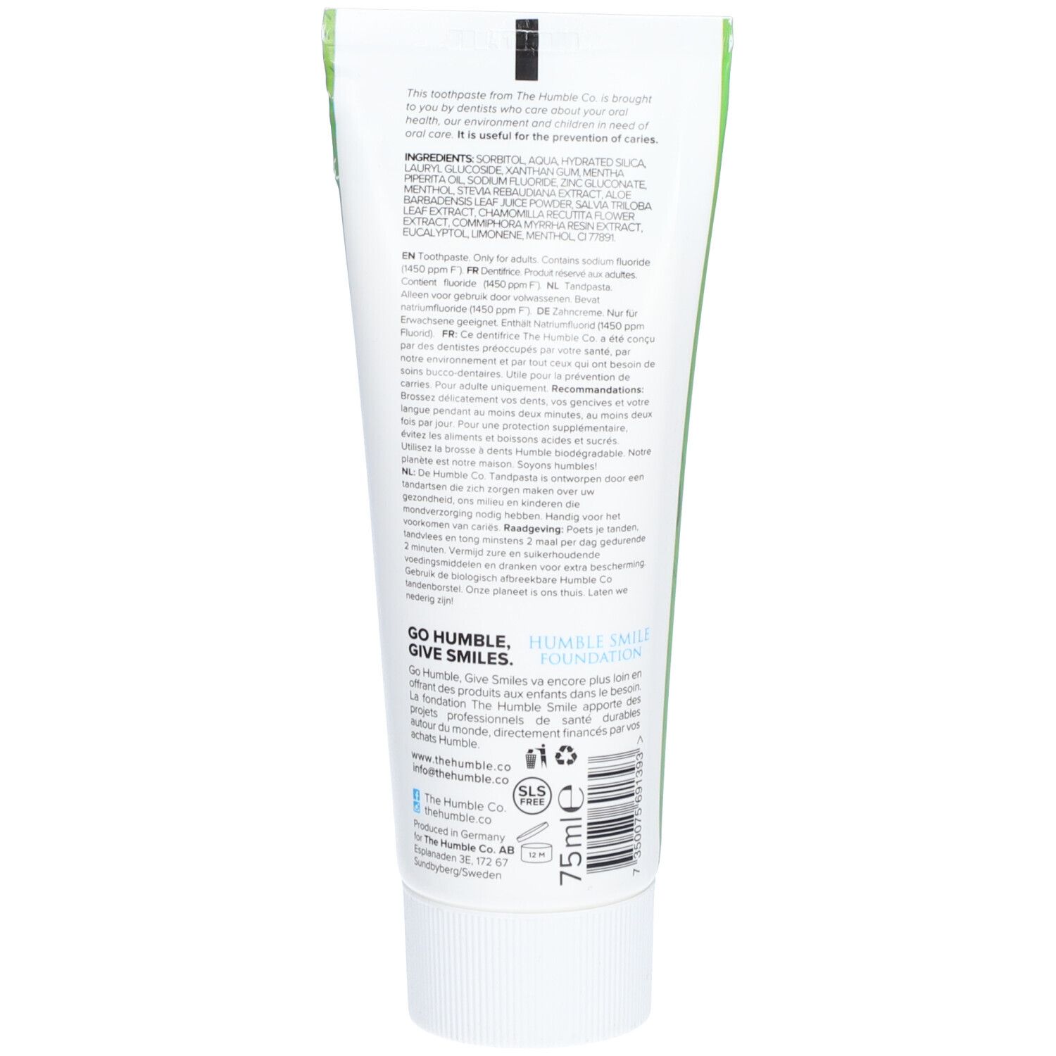 Rückseite der Zahnpasta-Tube. Text: Inhaltsstoffe, Anwendungshinweise, Vegan-Siegel. 75 ml.