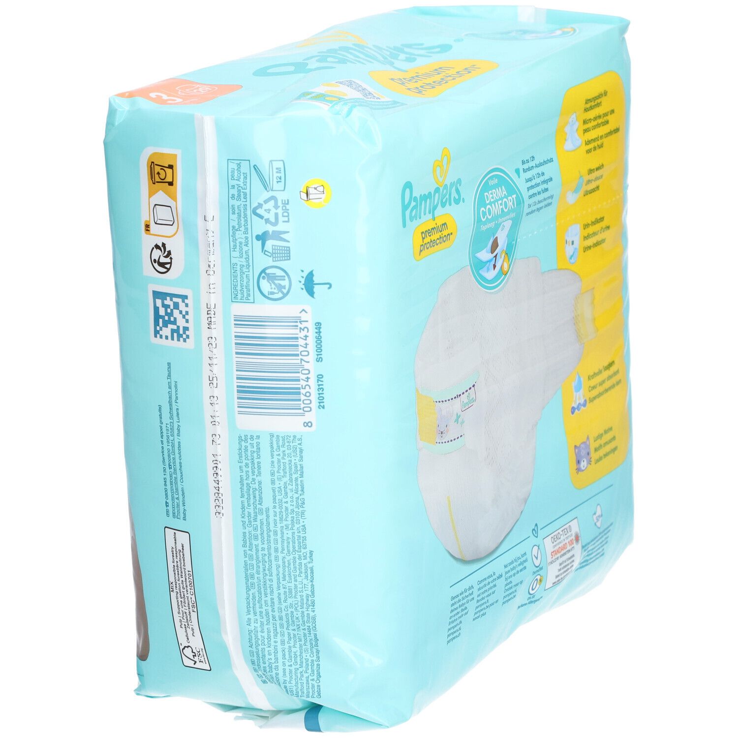 Paquet de couches vu de côté. Texte: Pampers, Premium Protection, Derma Comfort. Code-barres et autres informations sur l'emballage.