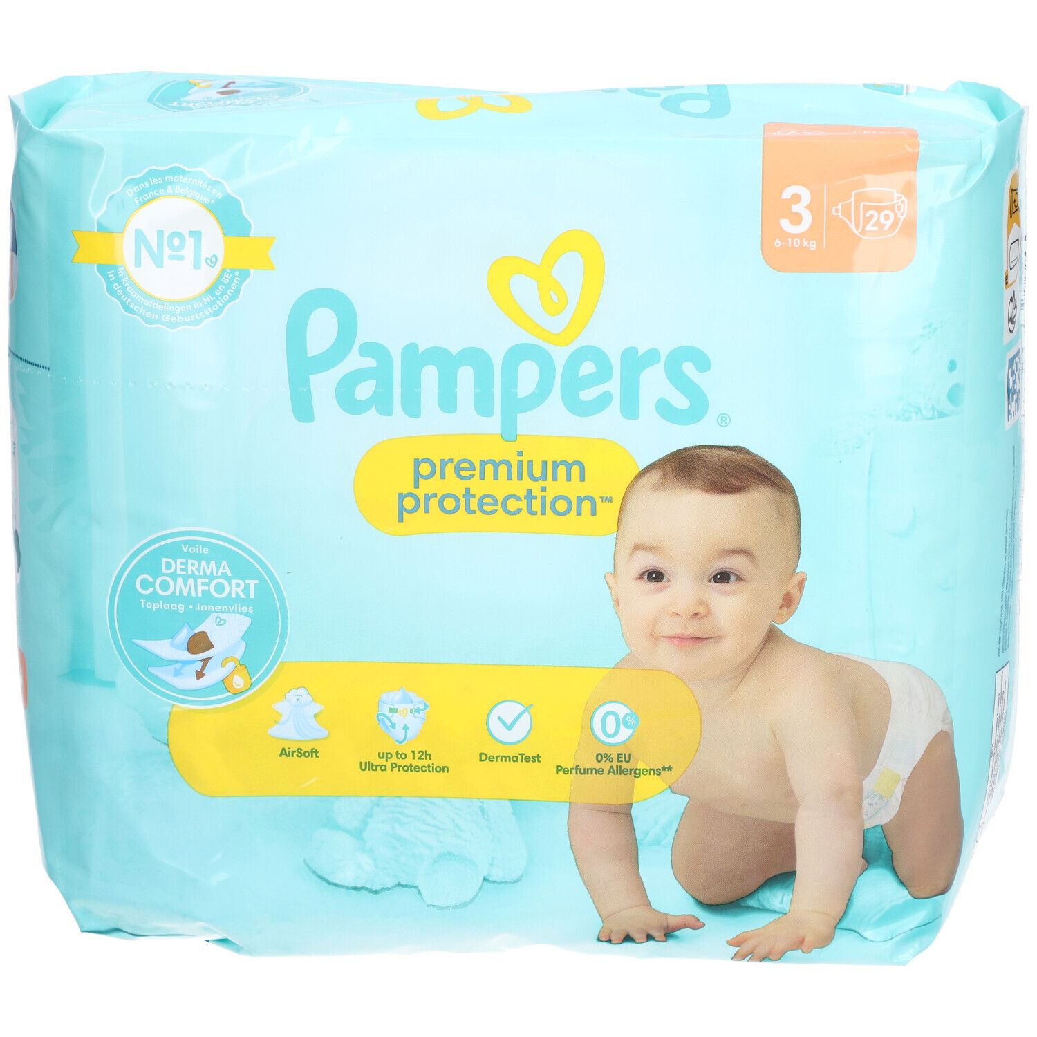 Paquet bleu clair avec logo Pampers et bébé. Texte: Premium Protection, Derma Comfort, Airsoft, jusqu'à 12h Ultra Protection, testé dermatologiquement.
