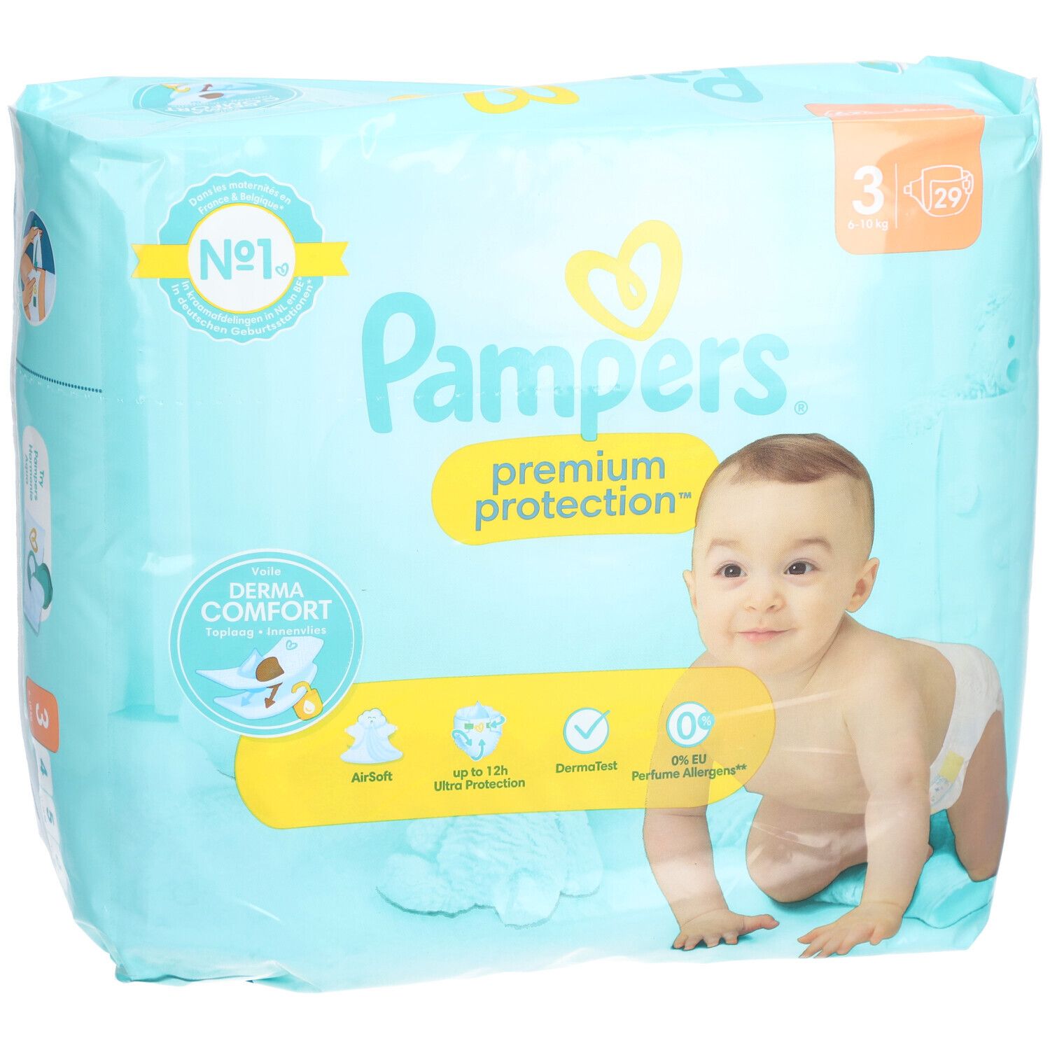 Paquet bleu clair avec logo Pampers et bébé. Texte: Premium Protection, Derma Comfort, Airsoft, jusqu'à 12h Ultra Protection, testé dermatologiquement.