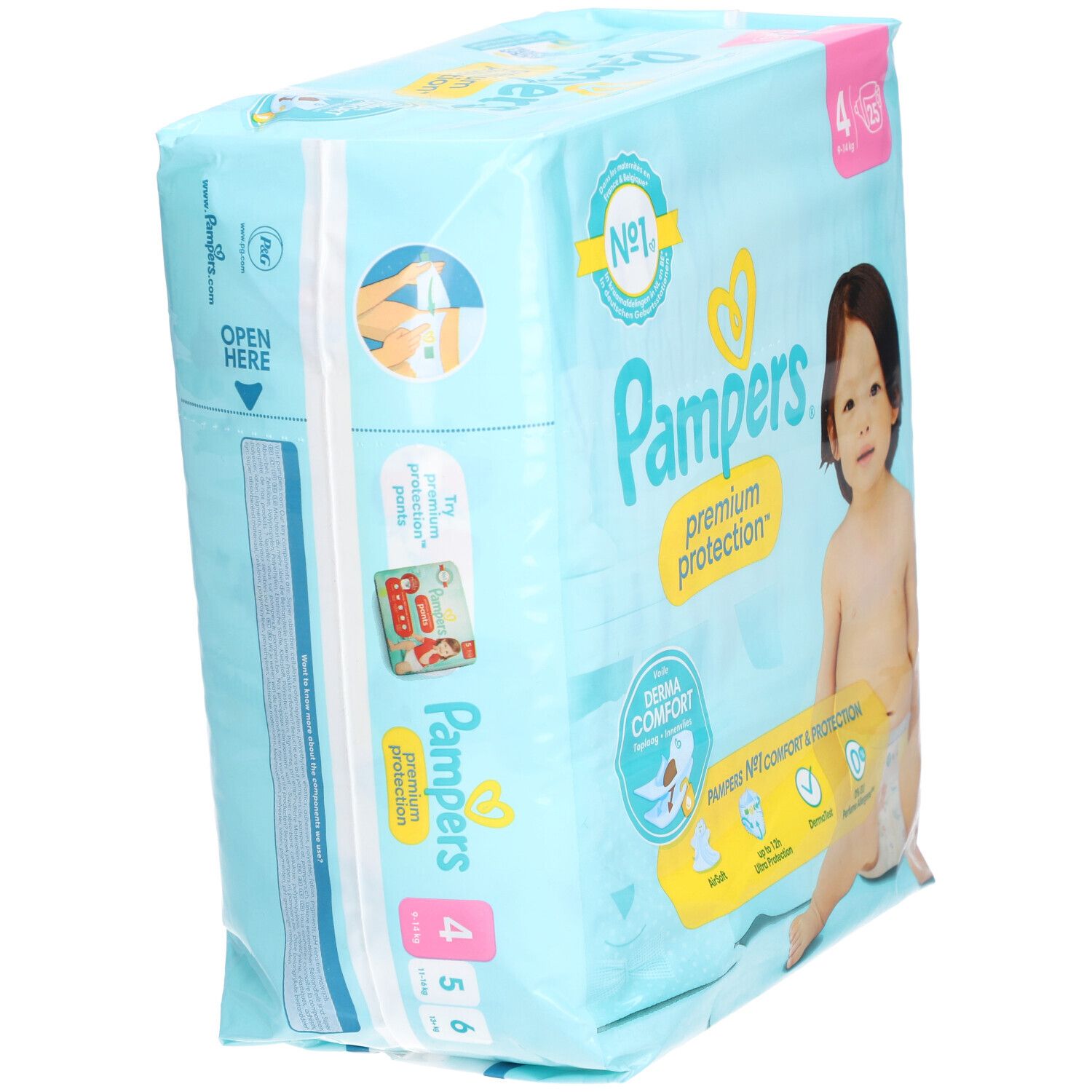 Paquet de couches Pampers Premium Protection, taille 4. Emballage bleu avec image de bébé. Informations produit et indications de taille.
