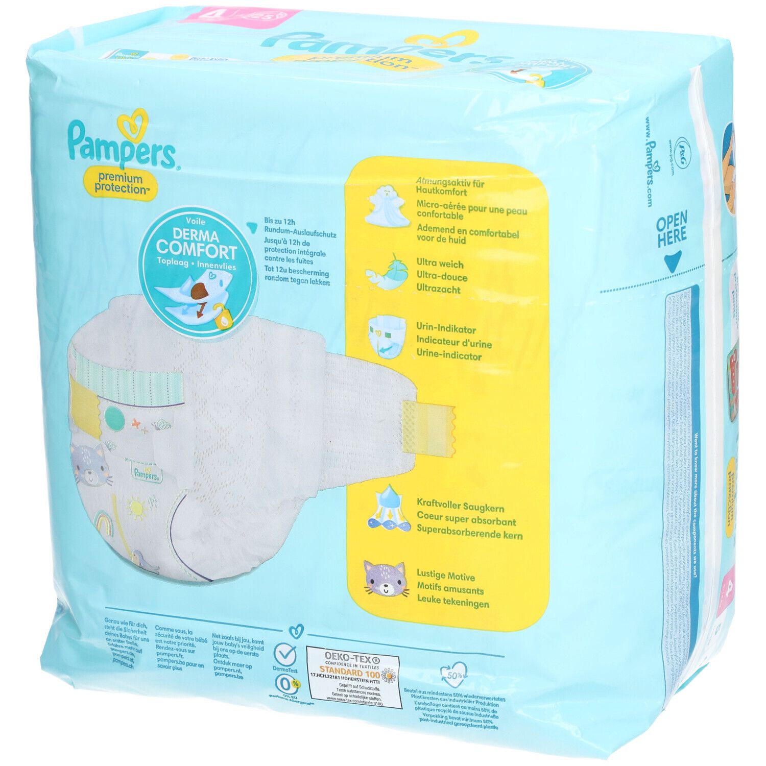 Dos du paquet de couches Pampers Premium Protection. Détails des couches, caractéristiques du produit et certifications. Emballage bleu.