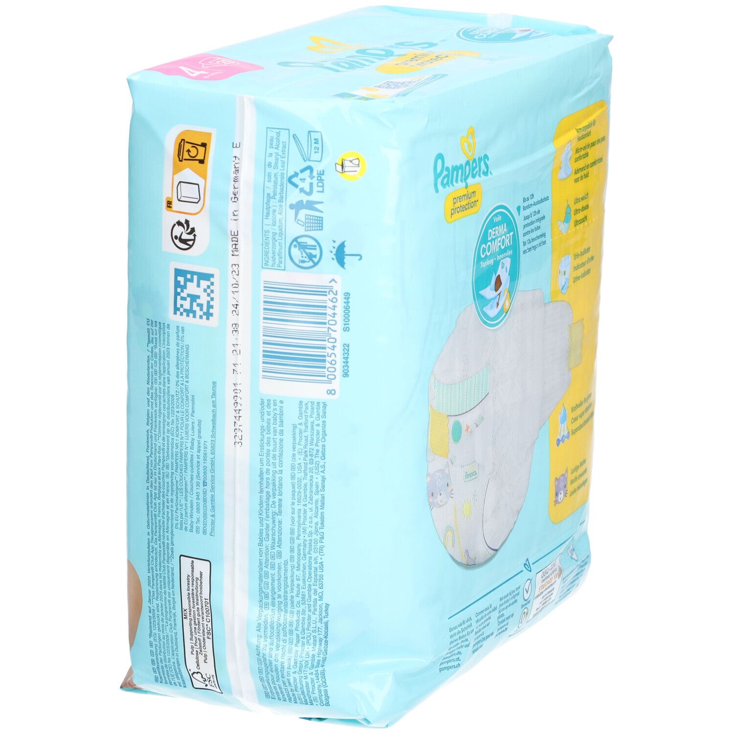 Vue latérale du paquet de couches Pampers Premium Protection. Emballage bleu avec informations produit. Détails des couches.
