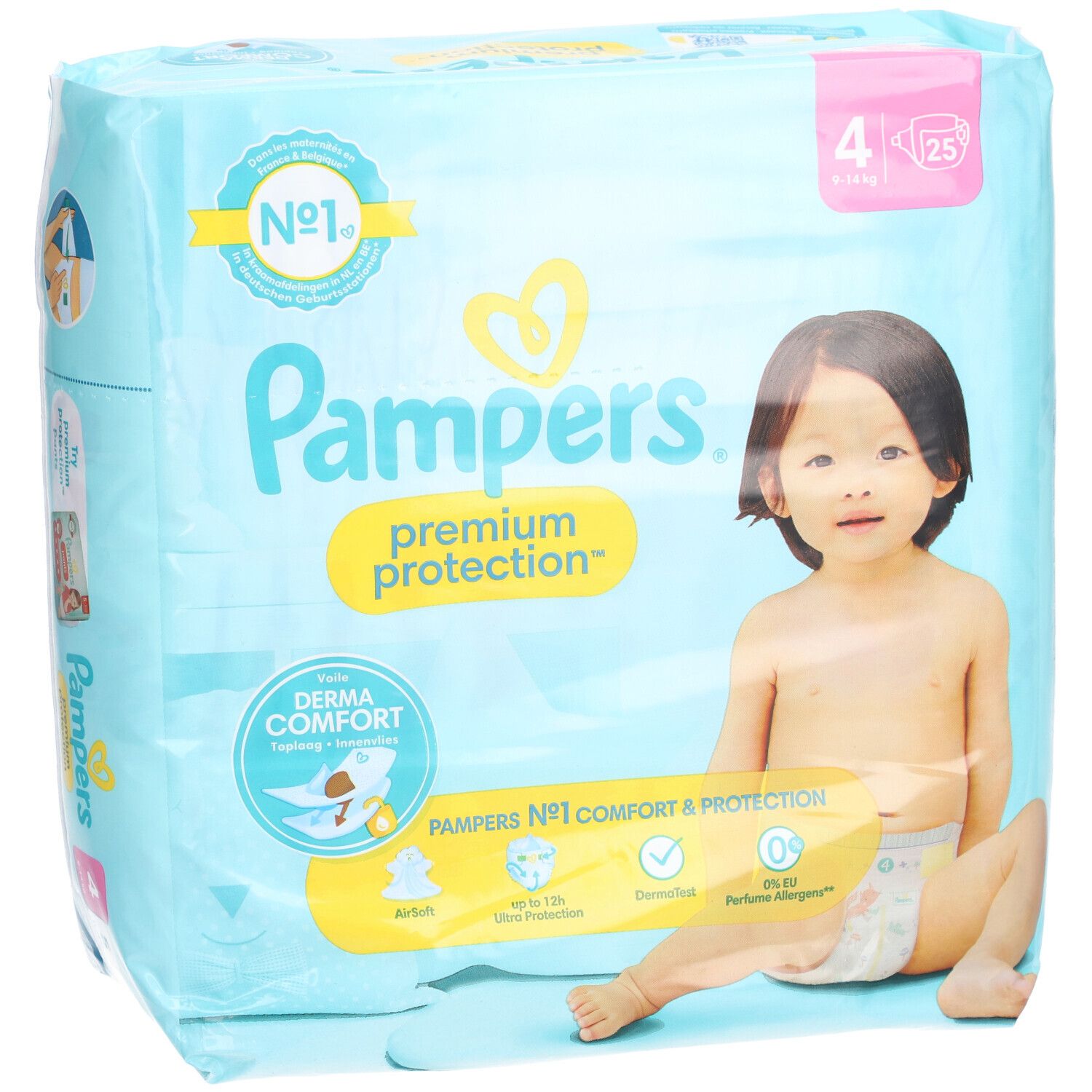 Paquet de couches Pampers Premium Protection taille 4 (25). Bébé sur l'emballage. Emballage bleu avec informations produit.