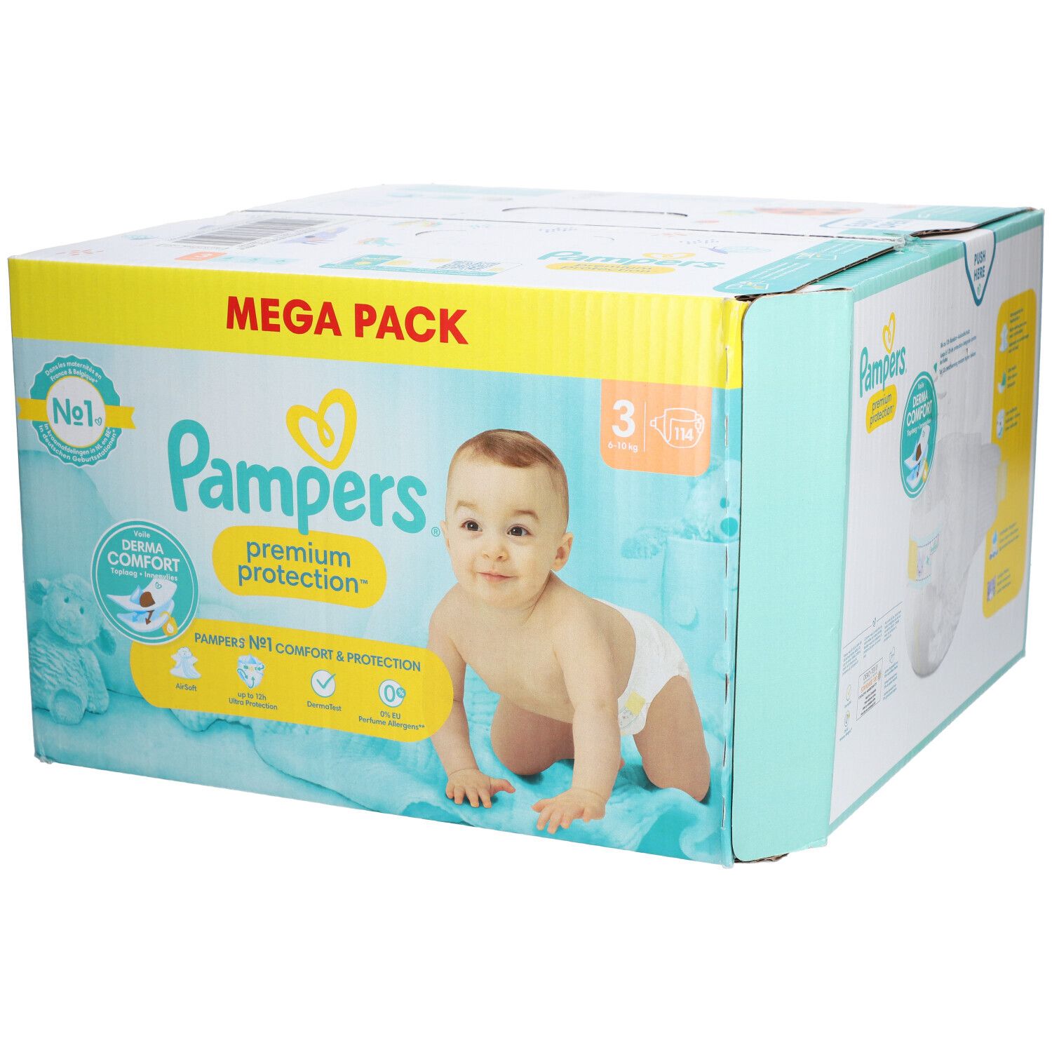 Paquet de couches Pampers Premium Protection. Inscription: Mega Pack, taille 3, bébé, Derma Comfort.