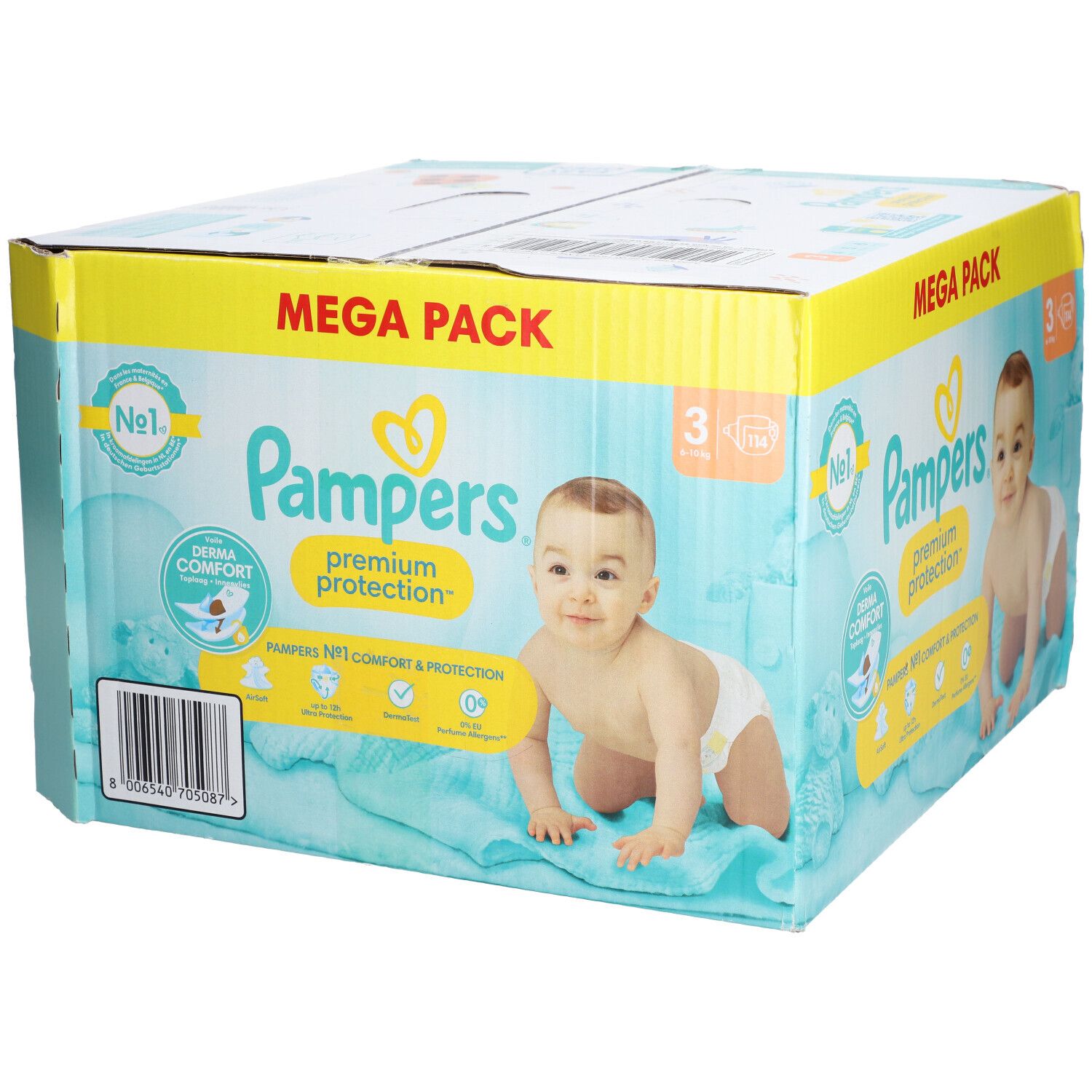 Paquet de couches Pampers Premium Protection. Inscription: Mega Pack, taille 3, bébé, Derma Comfort.