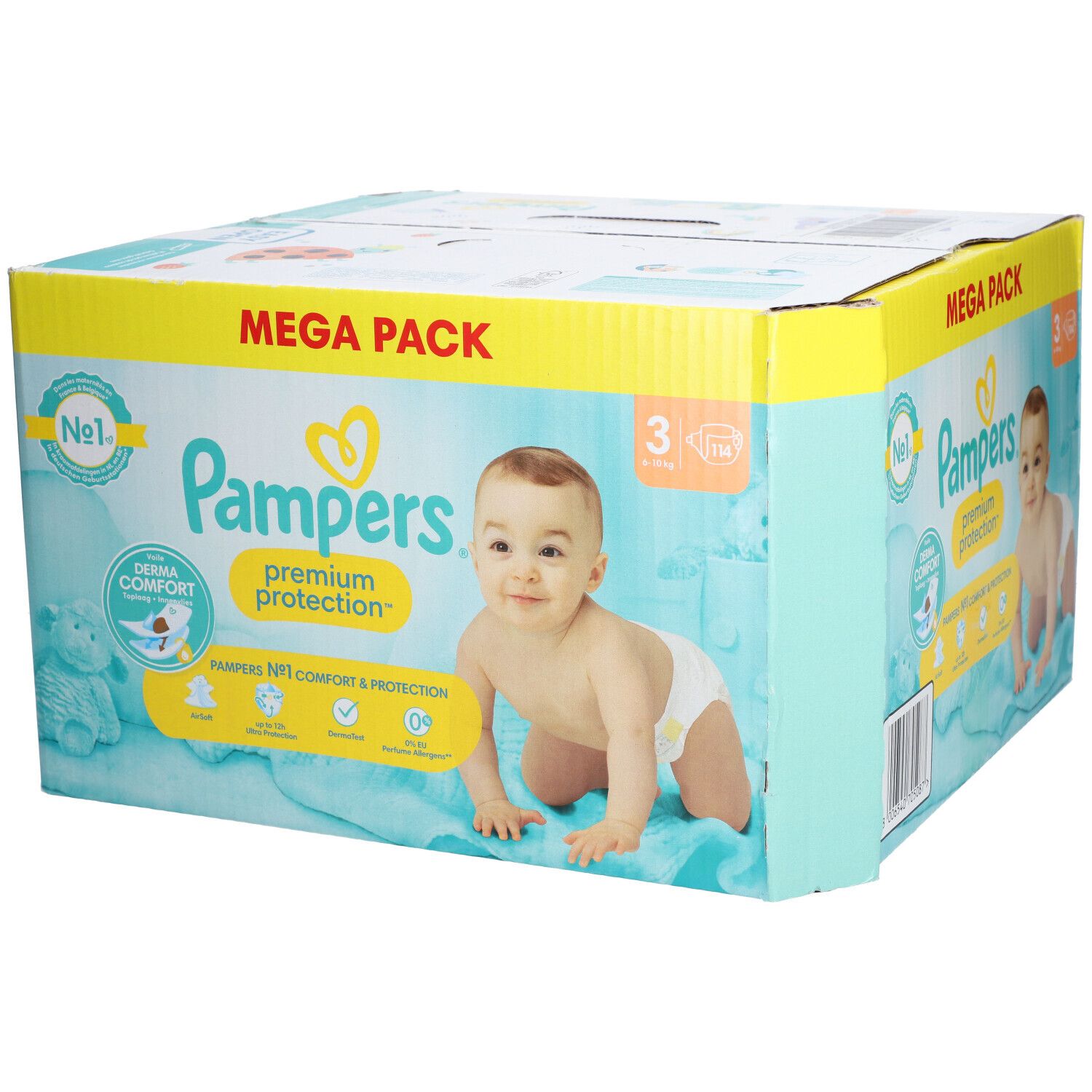 Paquet de couches Pampers Premium Protection. Inscription: Mega Pack, taille 3, bébé, Derma Comfort.