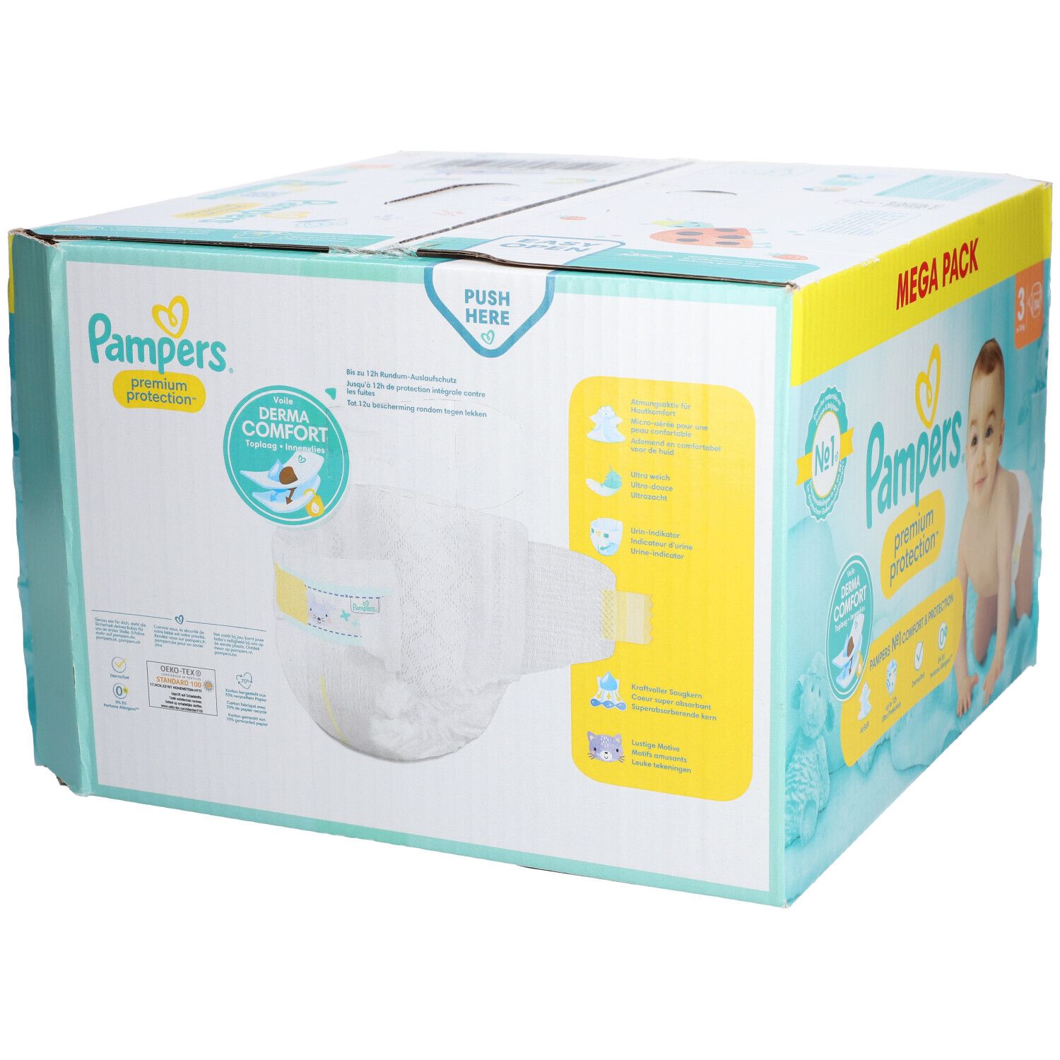 Paquet de couches Pampers Premium Protection ouvert. Couche visible. Inscription: Derma Comfort, Push Here.