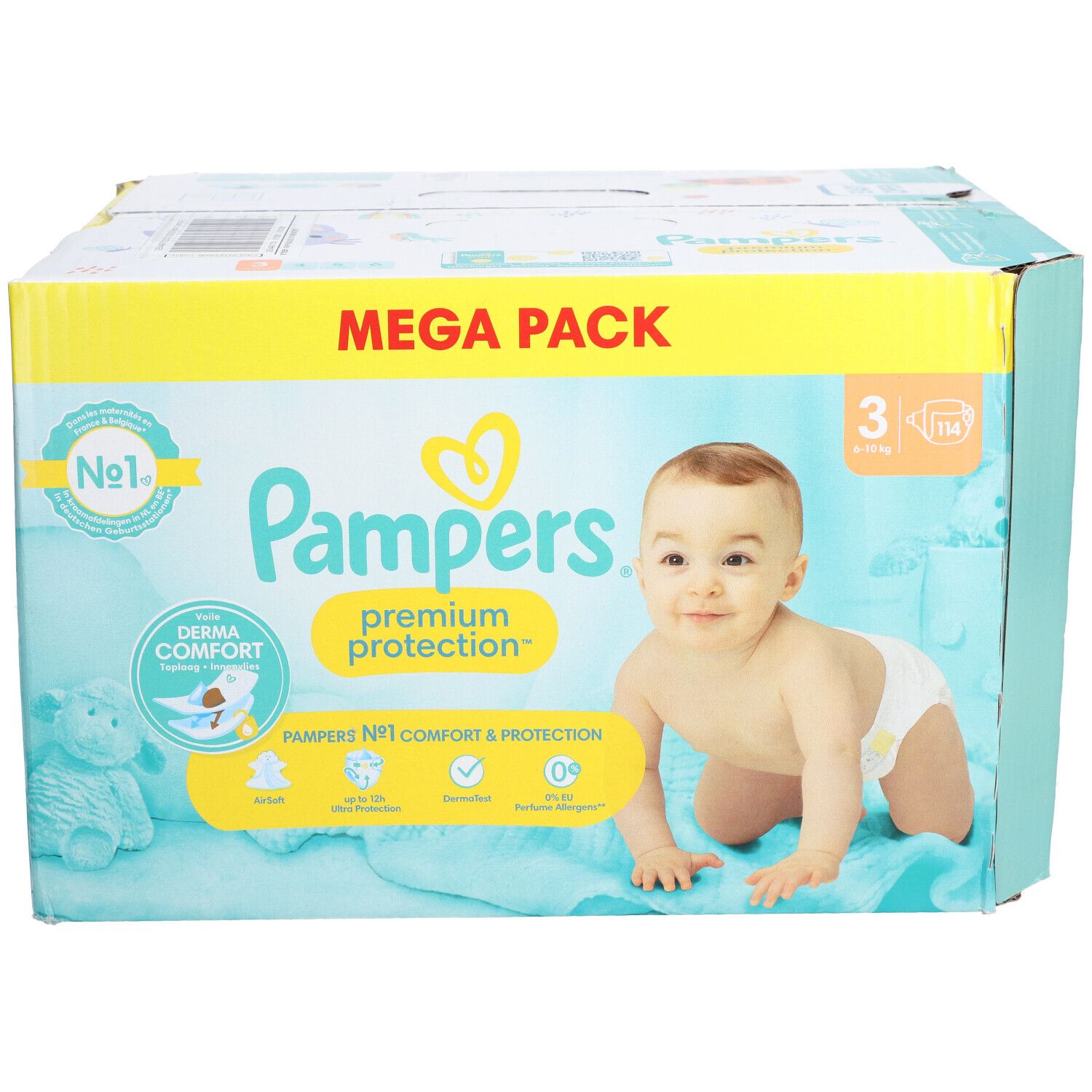 Paquet de couches Pampers Premium Protection. Inscription: Mega Pack, taille 3, bébé, Derma Comfort.