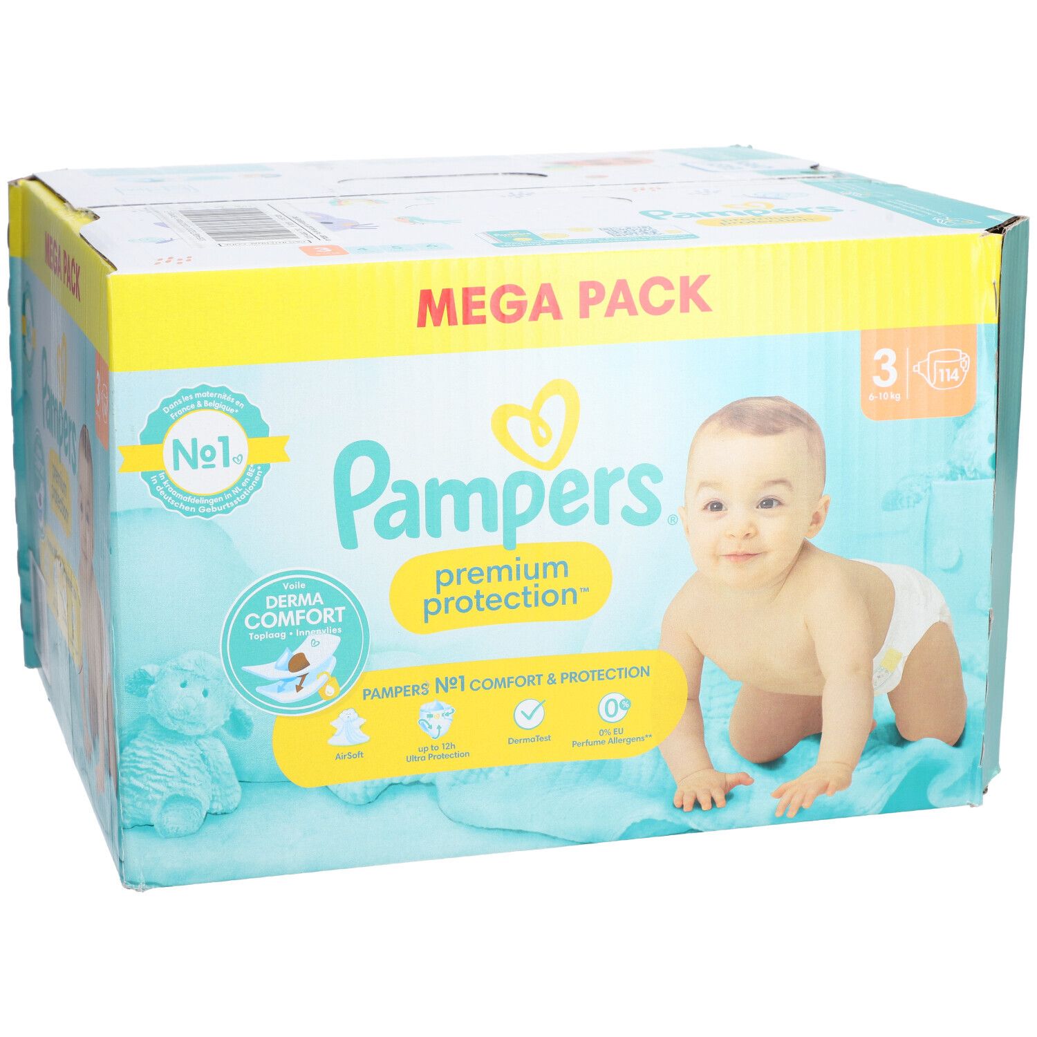 Paquet de couches Pampers Premium Protection. Inscription: Mega Pack, taille 3, bébé, Derma Comfort.