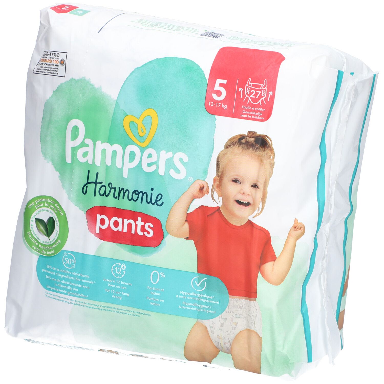 Pampers Harmonie Pants. Taille 5, 12-17 kg. Paquet de 27. Certification Oeko-Tex. Enfant en t-shirt rouge.