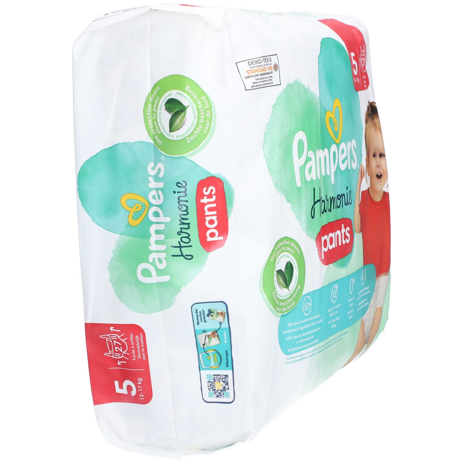 Pampers Harmonie Pants. Taille 5, 12-17 kg. Paquet de 27. Certification Oeko-Tex. Vue de côté.