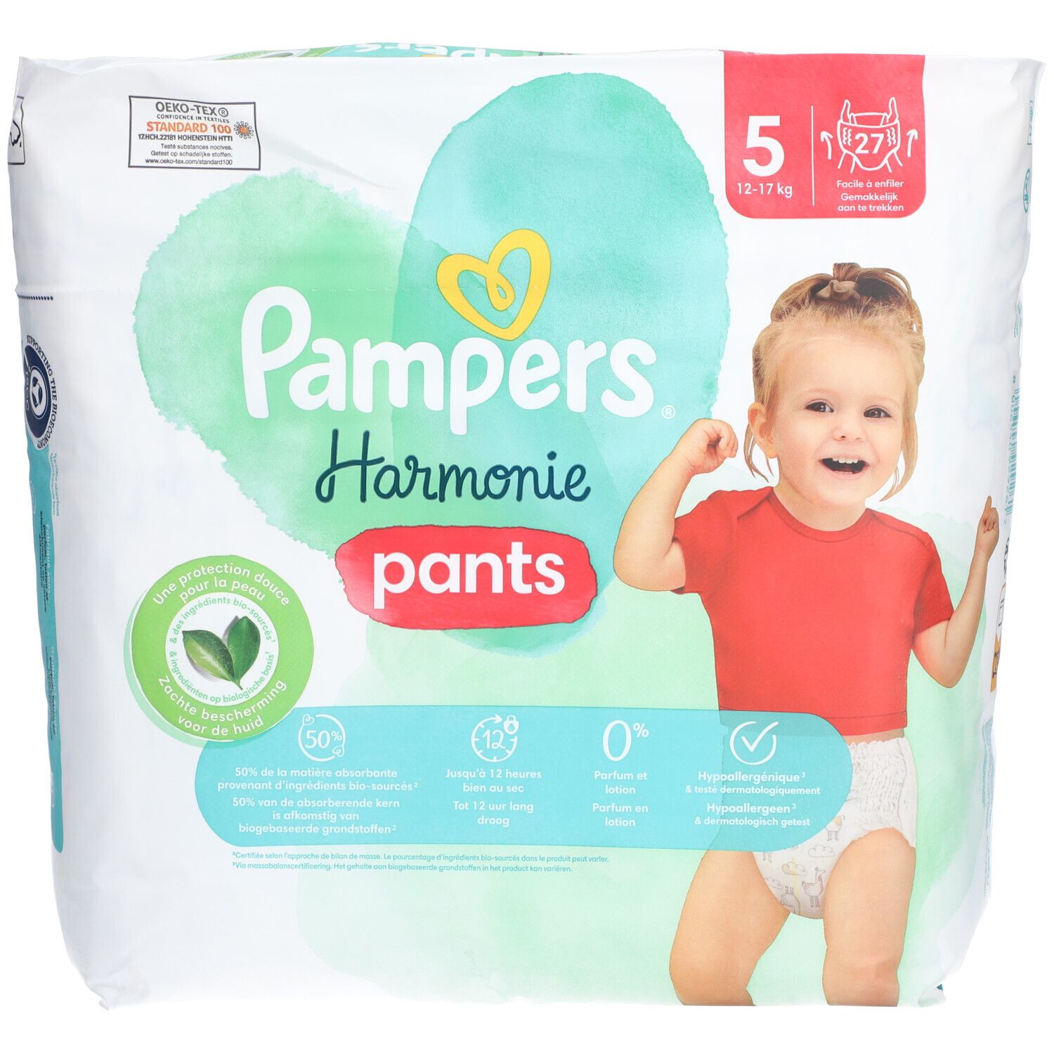 Pampers Harmonie Pants. Taille 5, 12-17 kg. Paquet de 27. Certification Oeko-Tex. Enfant en t-shirt rouge.