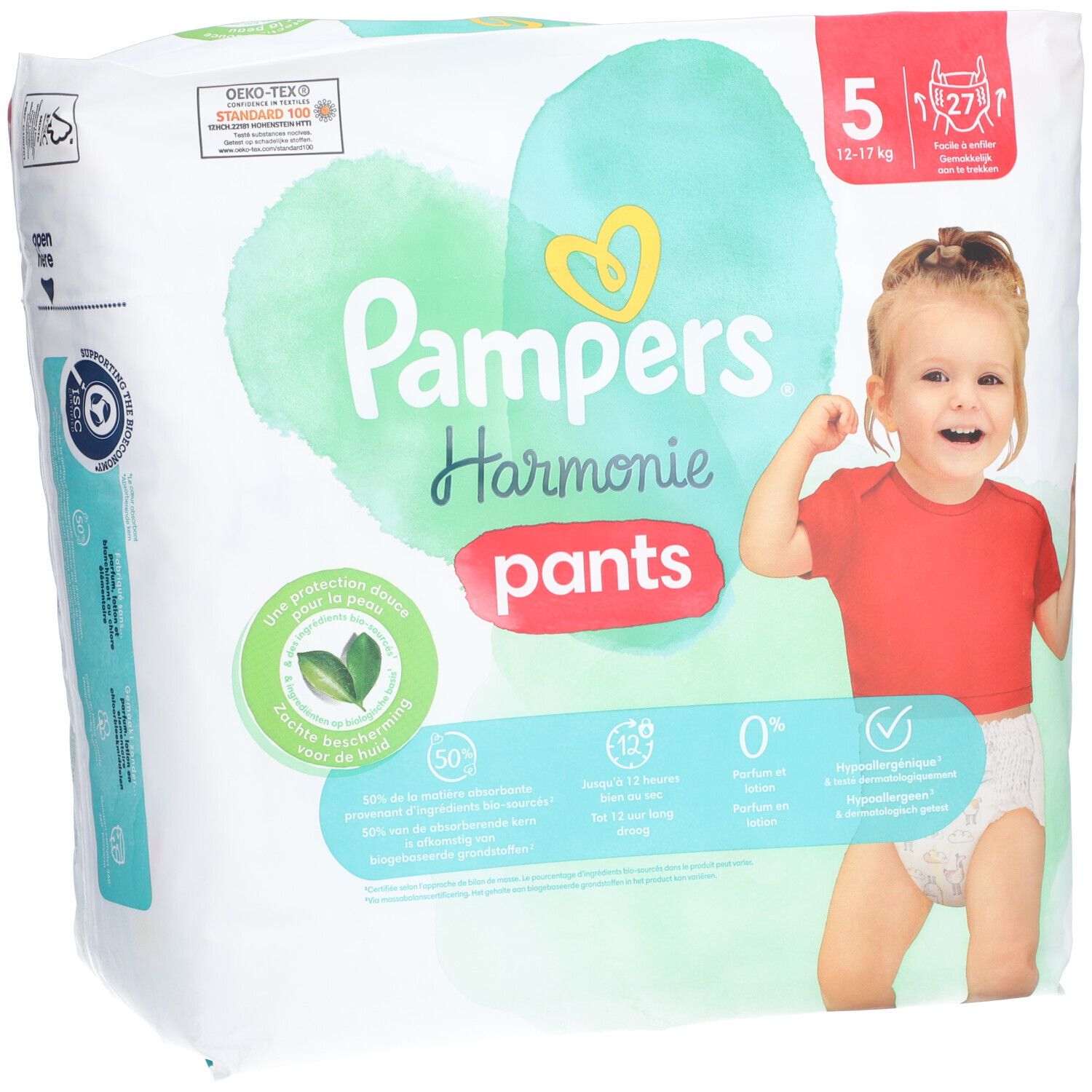 Pampers Harmonie Pants. Taille 5, 12-17 kg. Paquet de 27. Certification Oeko-Tex. Enfant en t-shirt rouge.