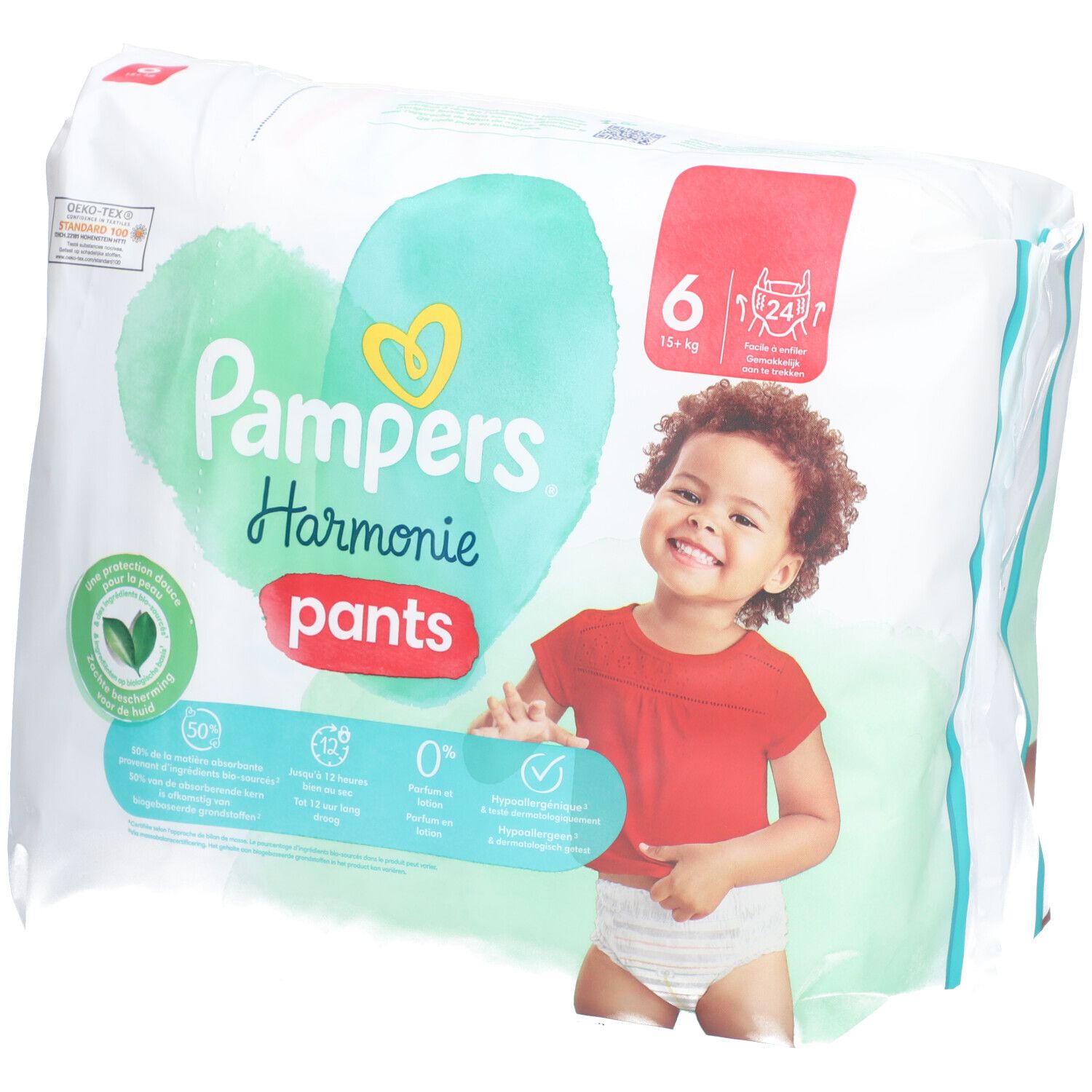 Paquet de couches Pampers Harmonie Pants, taille 6, 15 kg+. Emballage avec enfant. Design vert et blanc. Logo cœur. Informations sur les ingrédients.