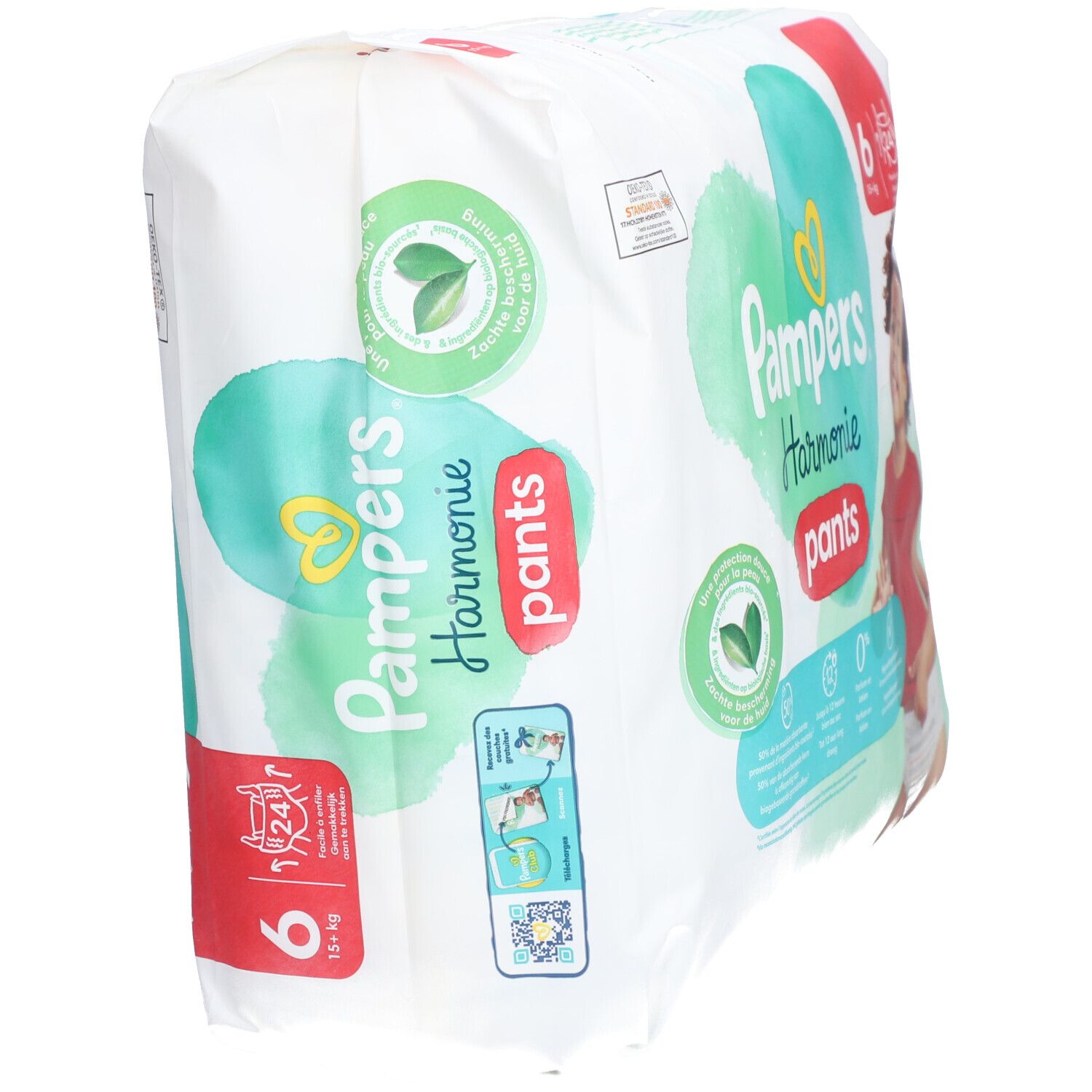 Paquet de couches Pampers Harmonie Pants, taille 6, 15 kg+. Design vert et blanc. Logo cœur. Informations sur les ingrédients. Vue latérale de l'emballage.