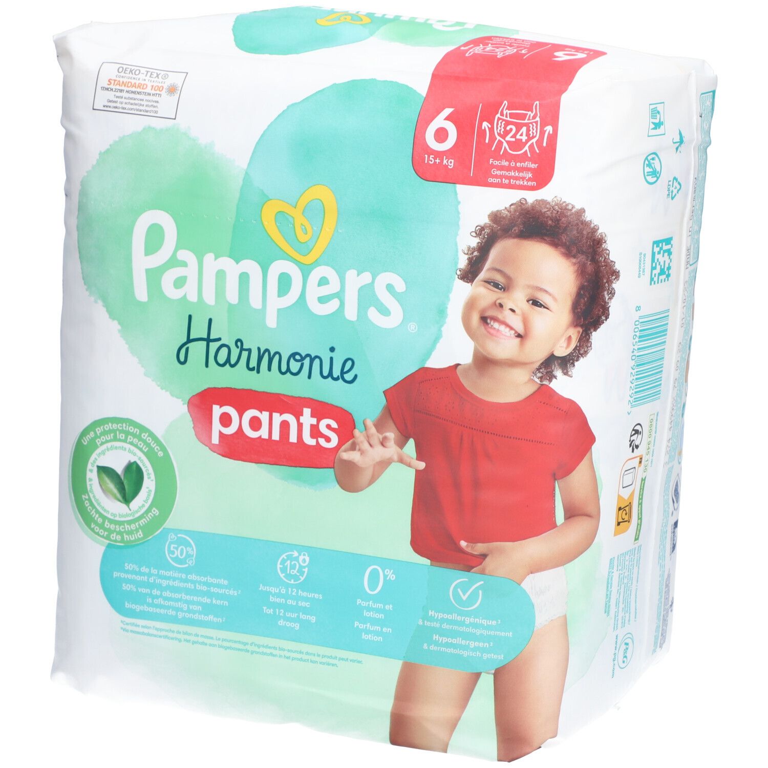 Paquet de couches Pampers Harmonie Pants, taille 6, 15 kg+. Emballage avec enfant. Design vert et blanc. Logo cœur. Informations sur les ingrédients.