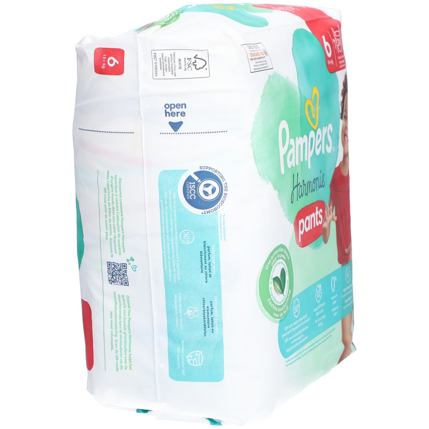 Paquet de couches Pampers Harmonie Pants, taille 6, 15 kg+. Design vert et blanc. Logo cœur. Informations sur les ingrédients. Vue latérale de l'emballage.