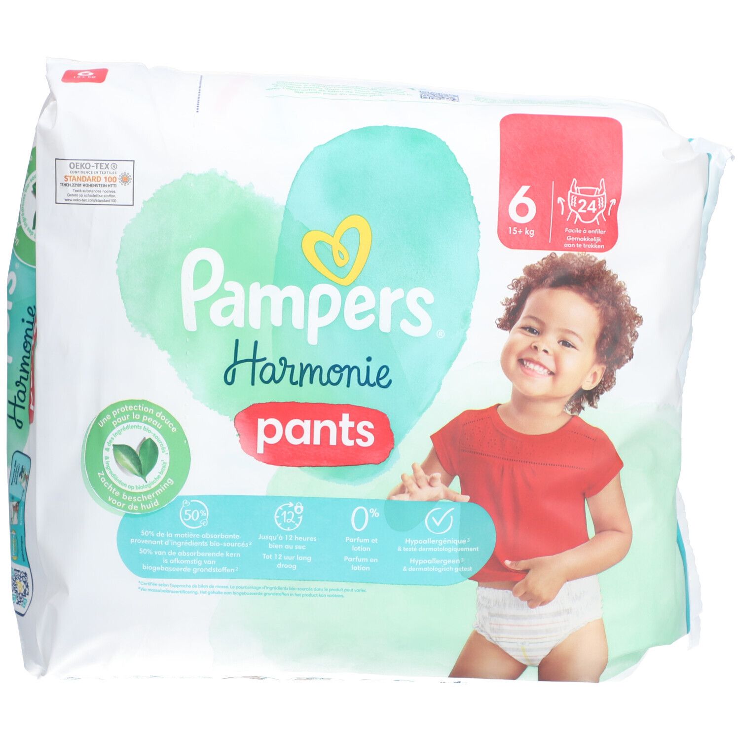Paquet de couches Pampers Harmonie Pants, taille 6, 15 kg+. Emballage avec enfant. Design vert et blanc. Logo cœur. Informations sur les ingrédients.