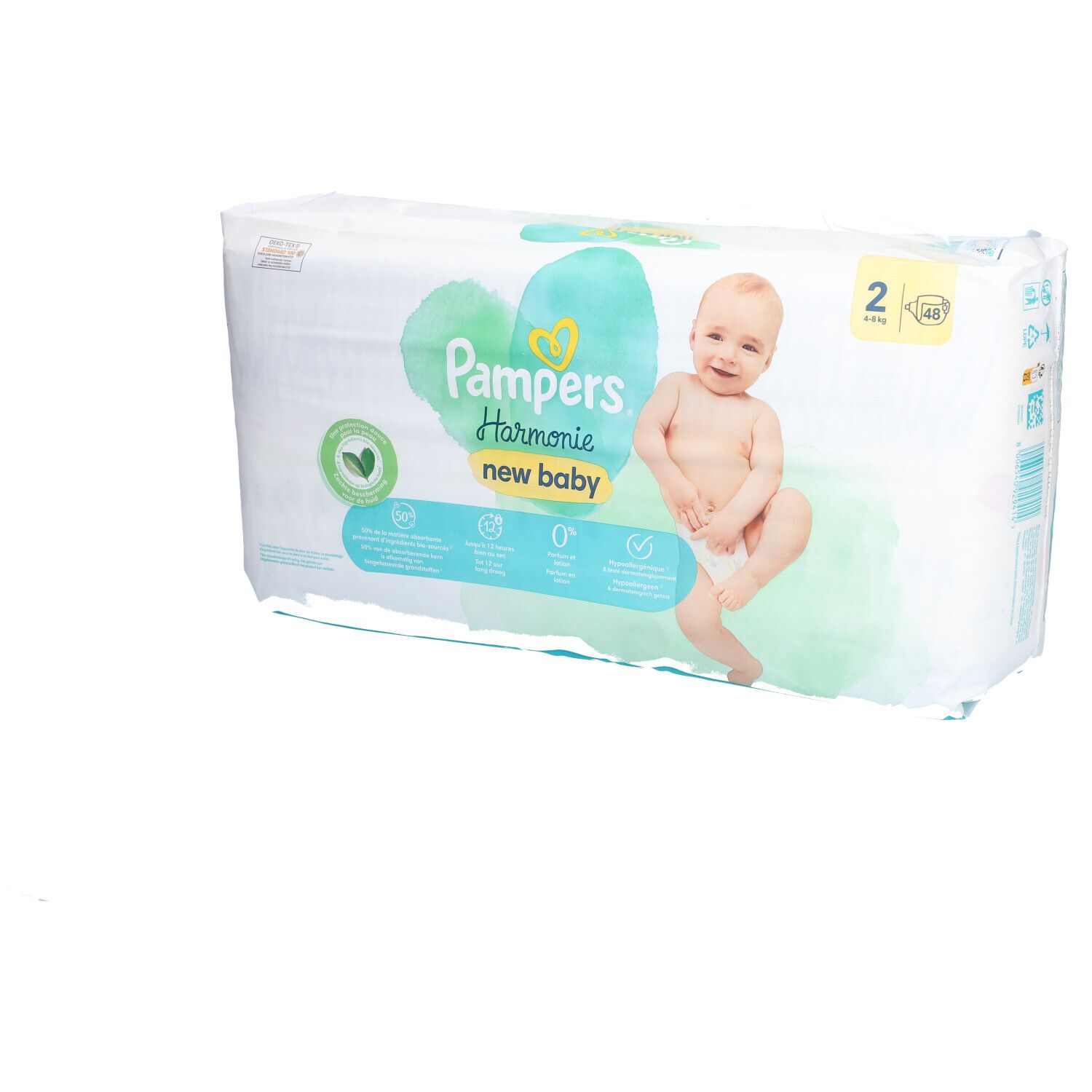 Pampers Harmonie New Baby Windeln, Größe 2, in Verpackung. Aufdruck mit Baby, Logo und Produktinformationen.