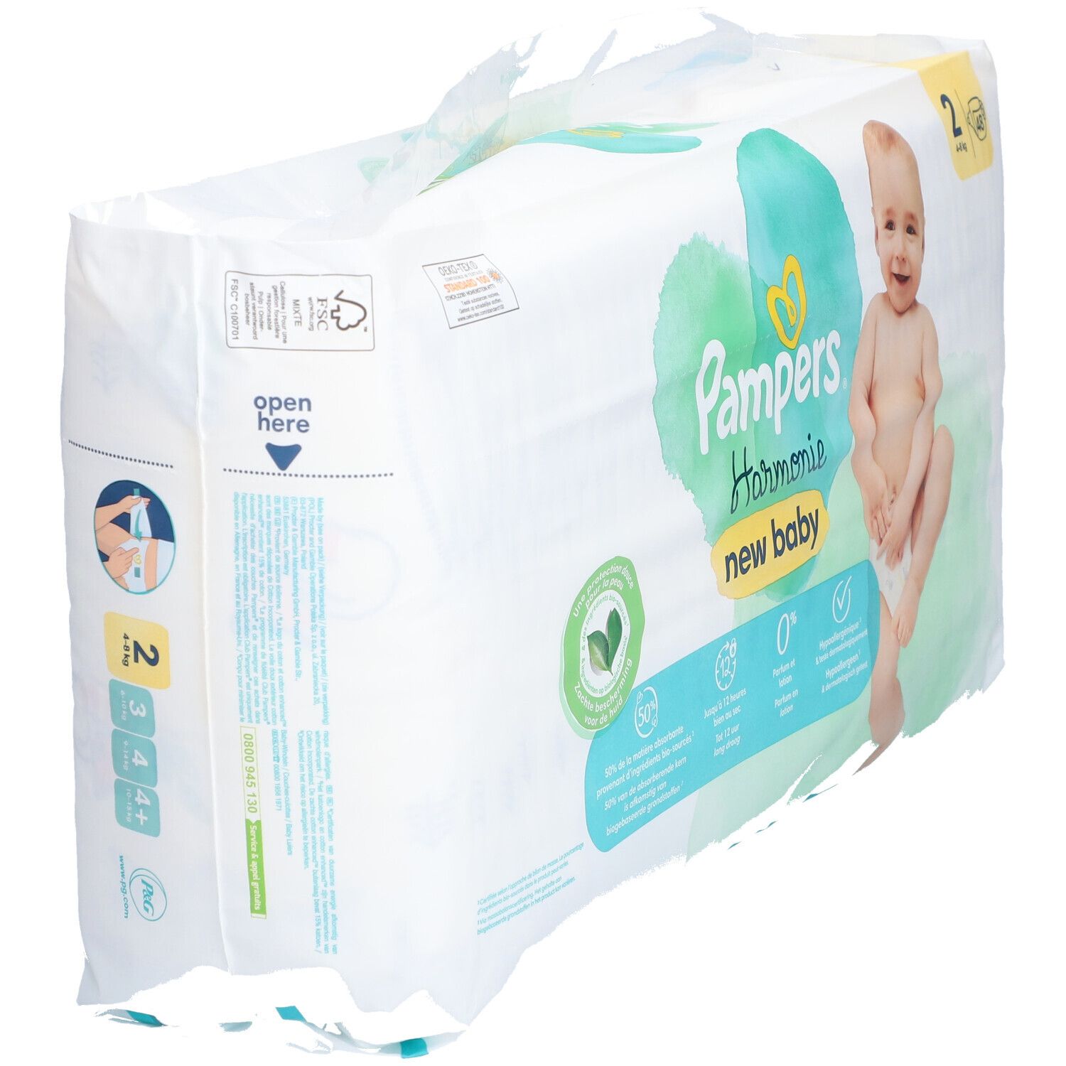 Pampers Harmonie New Baby Windeln, Größe 2, in Verpackung. Verpackung mit Baby, Logo und Produktinformationen.
