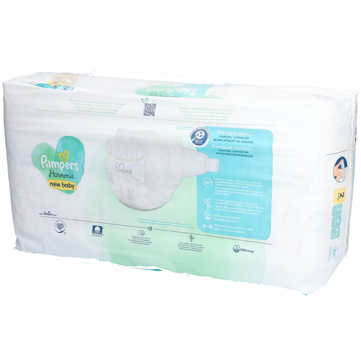 Pampers Harmonie New Baby Windeln, Größe 2, in Verpackung. Verpackung mit Logo, Produktinformationen und Windel.