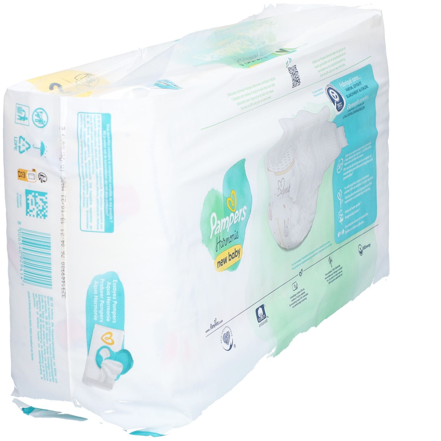 Pampers Harmonie New Baby Windeln, Größe 2, in Verpackung. Verpackung mit Logo, Produktinformationen und Windel.