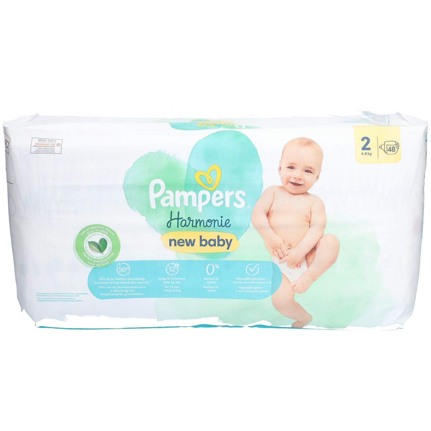 Pampers Harmonie New Baby Windeln, Größe 2, in Verpackung. Aufdruck mit Baby, Logo und Produktinformationen.