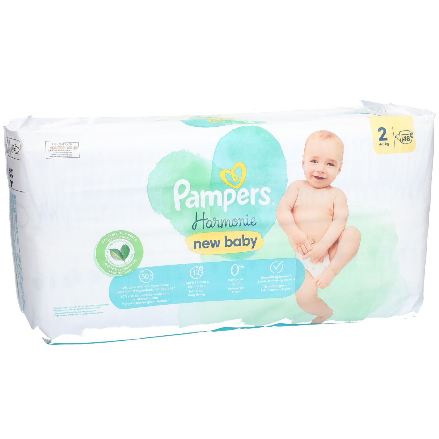 Pampers Harmonie New Baby Windeln, Größe 2, in Verpackung. Aufdruck mit Baby, Logo und Produktinformationen.