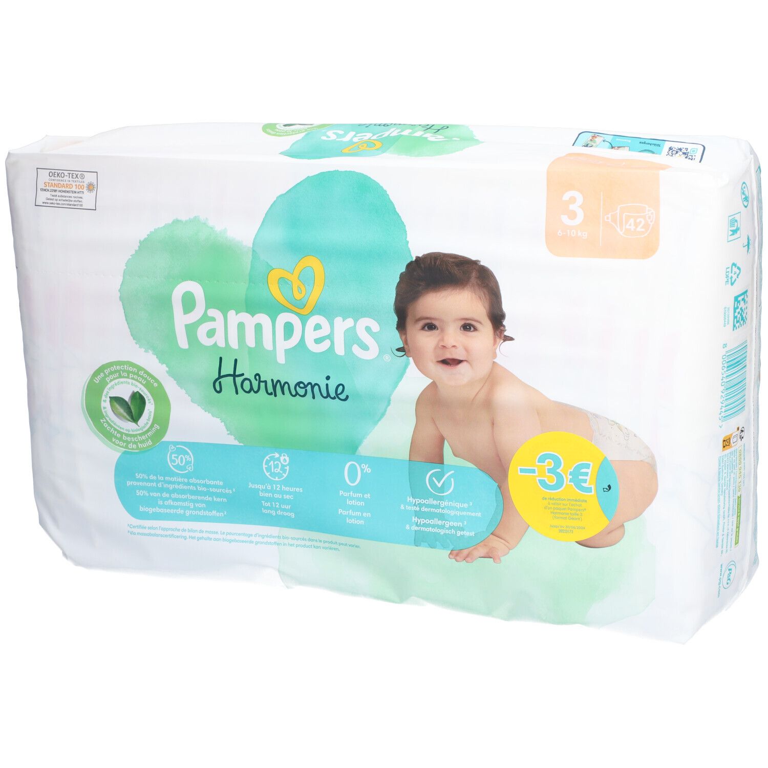 Pampers Harmonie Windeln, Größe 3, mit Baby. Verpackung mit Logo, Herz-Design und Produktinformationen.