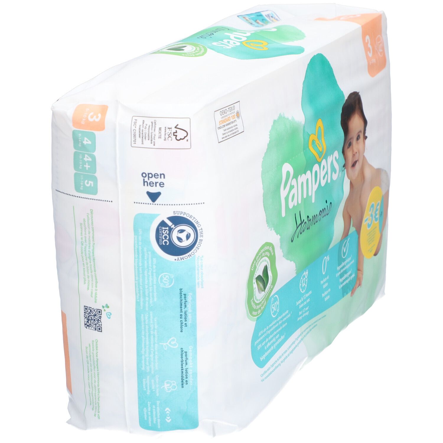 Pampers Harmonie Windelpackung, Größe 3. Verpackung mit Logo, FSC-Zertifizierung und Produktinformationen.