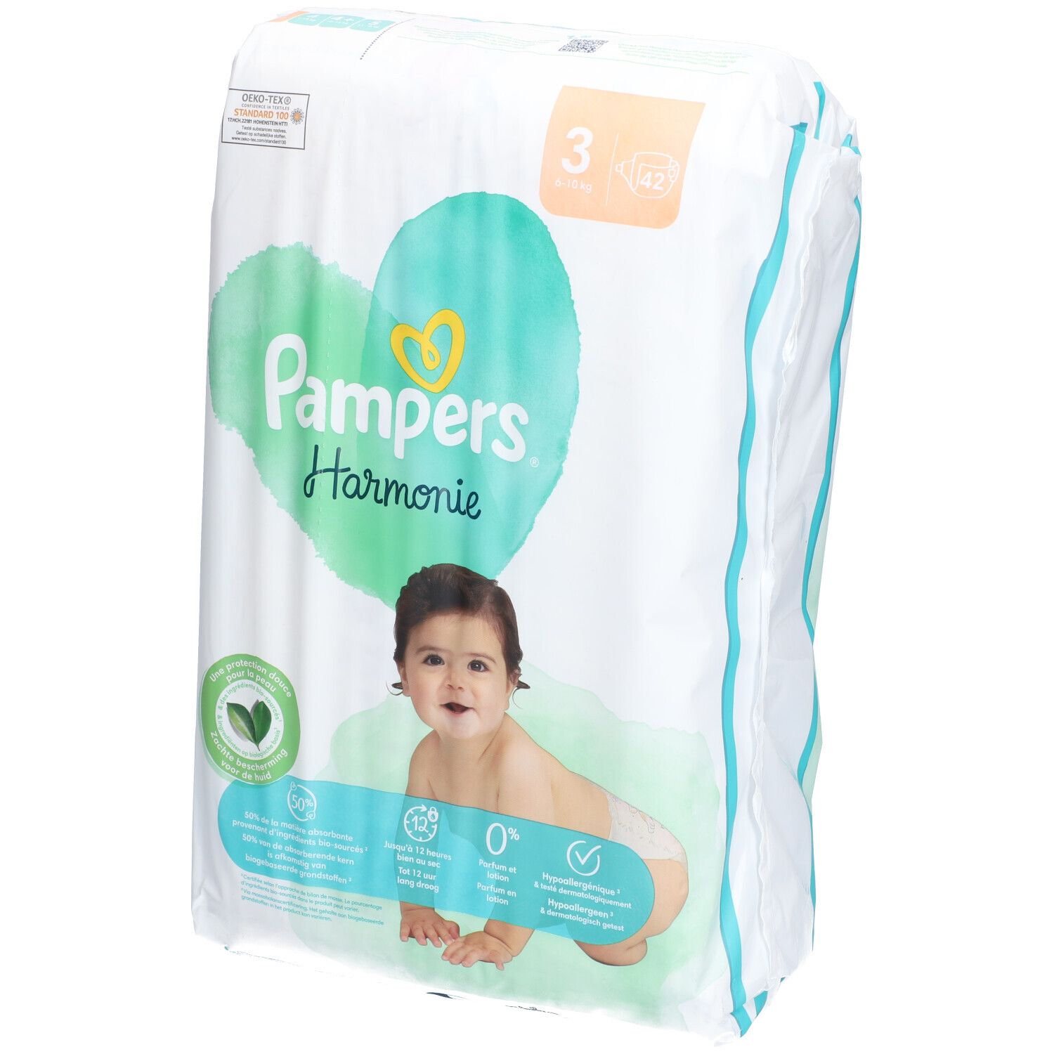 Pampers Harmonie Windeln, Größe 3, mit Baby. Verpackung mit Logo, Herz-Design und Produktinformationen.