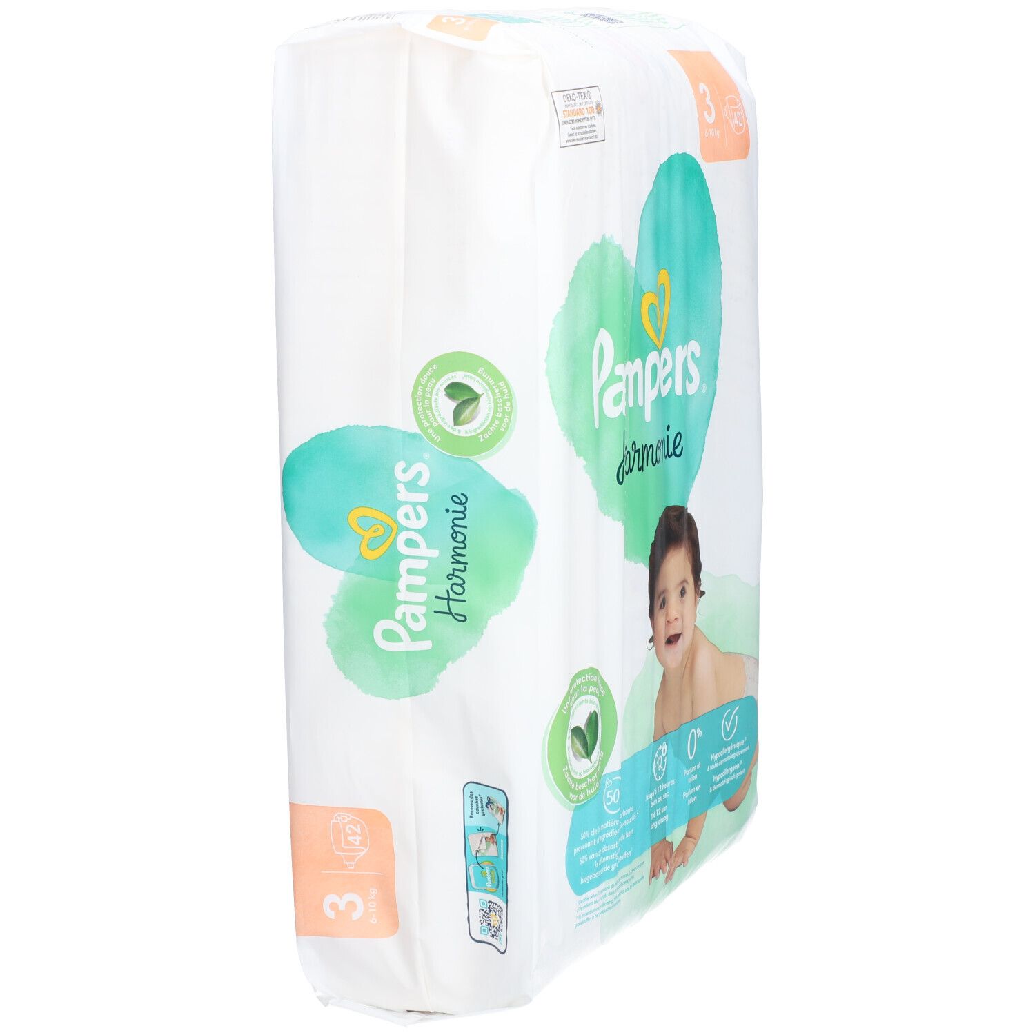 Pampers Harmonie Windeln, Größe 3. Verpackung mit Logo, Herz-Design und Produktinformationen.