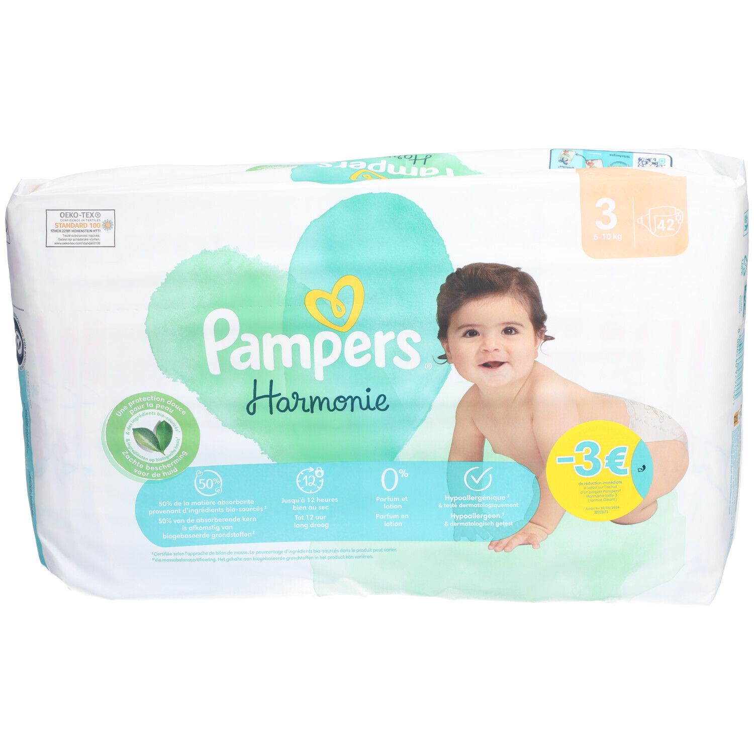 Pampers Harmonie Windeln, Größe 3, mit Baby. Verpackung mit Logo, Herz-Design und Produktinformationen.